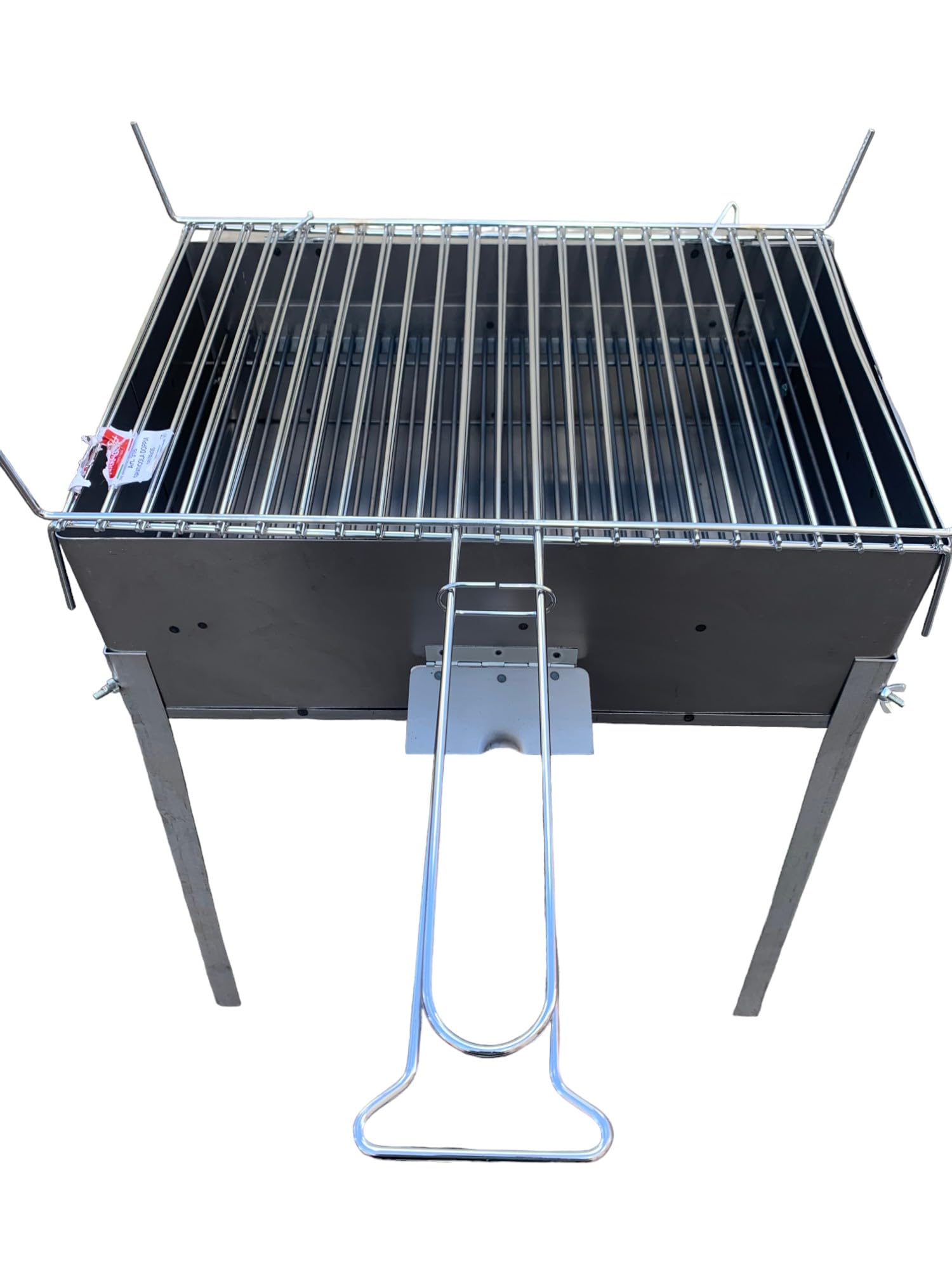 Barbecue in ferro con griglia in acciaio, con coperchio richiudibile, piedi estraibili, per legna o carbone, portatile (50x35 cm)