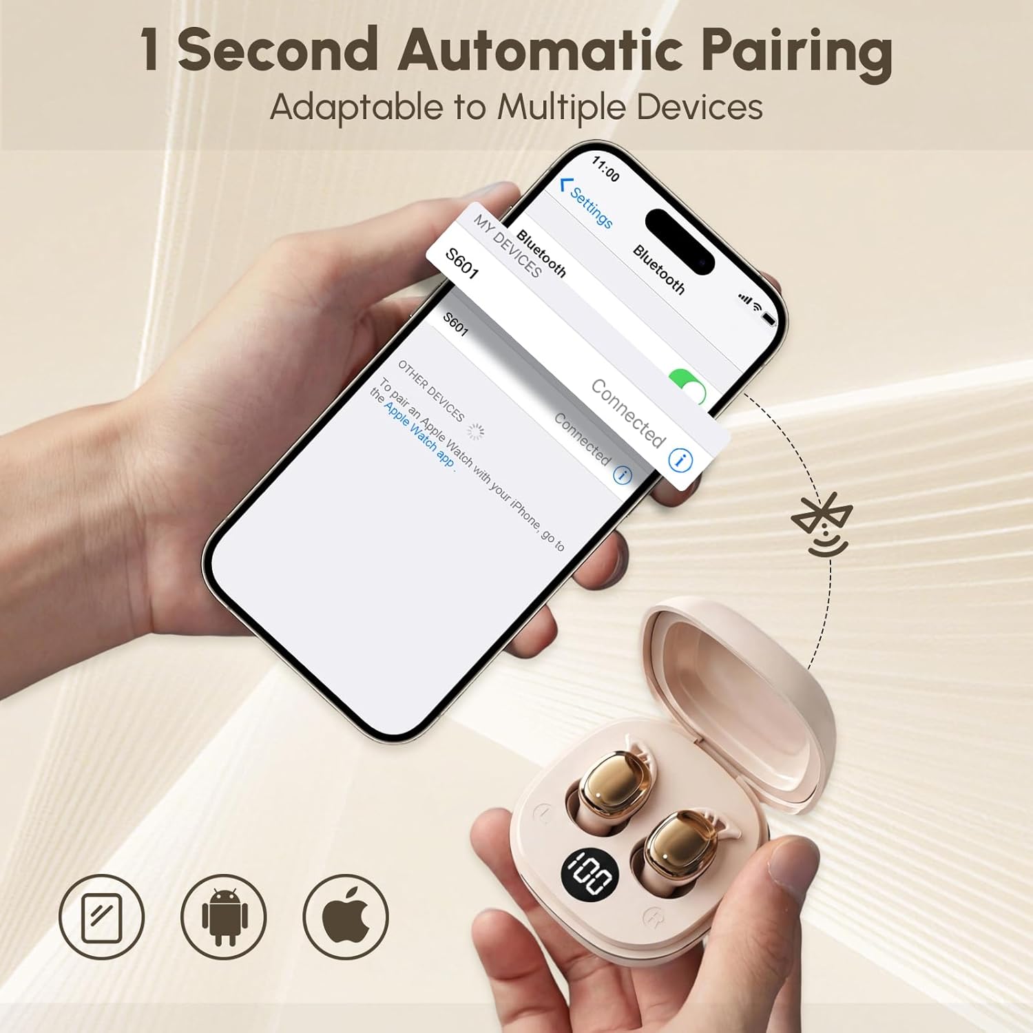 Sleep Earbuds for Side Sleepers, Invisible Sleep Headphones, ENC Noise Blocking, Wireless Bluetooth 6.0 with LED Power Display, Small Ear Buds Fit for Sleeping, Working, Hiking (Beige) - Image 6