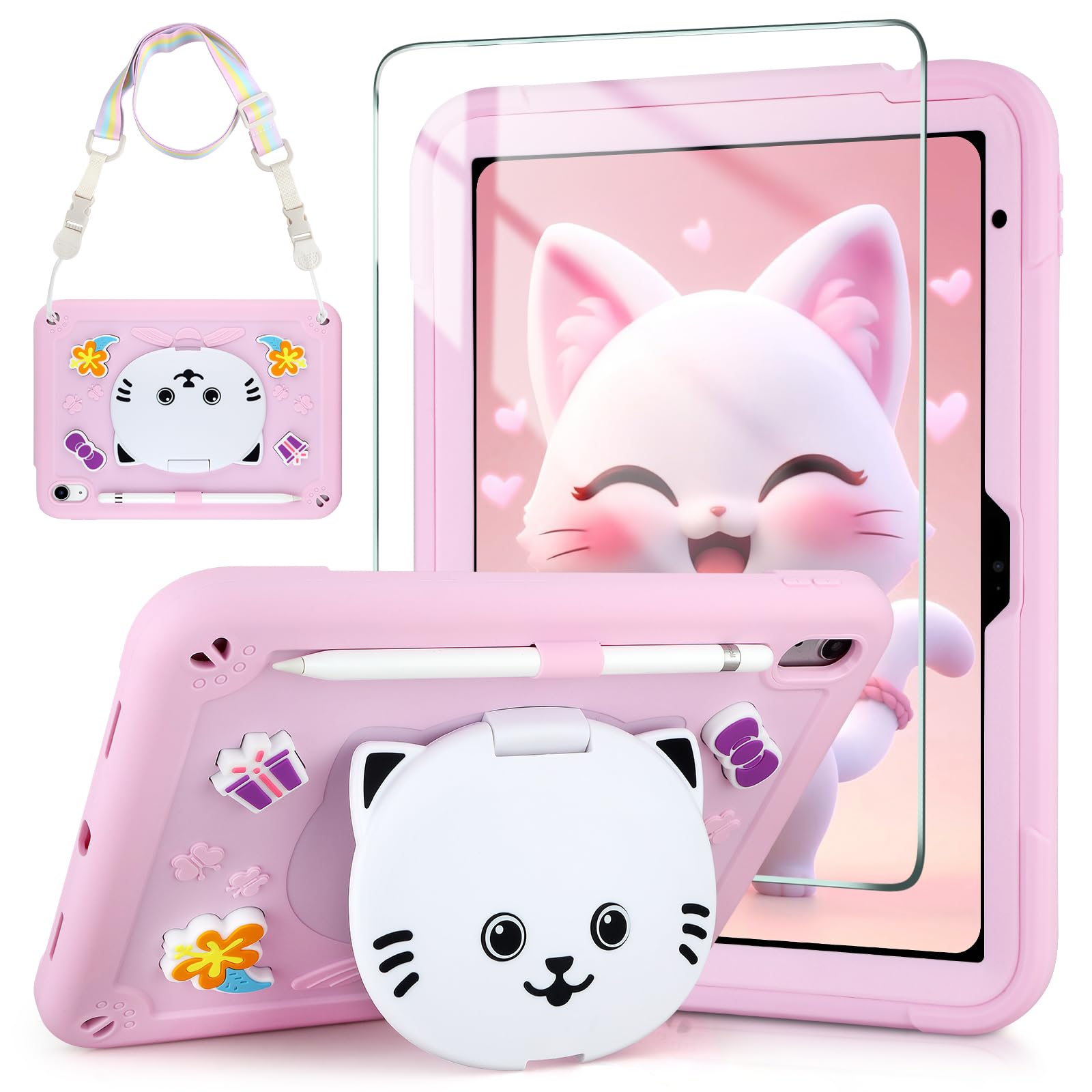 VOFUOE for iPad (A16) 11th Generation Case 2025, iPad 10th Generation Case 2022 10.9’’ Kids with Screen Protector Shoulder Strap 3D Cute Cat Stand