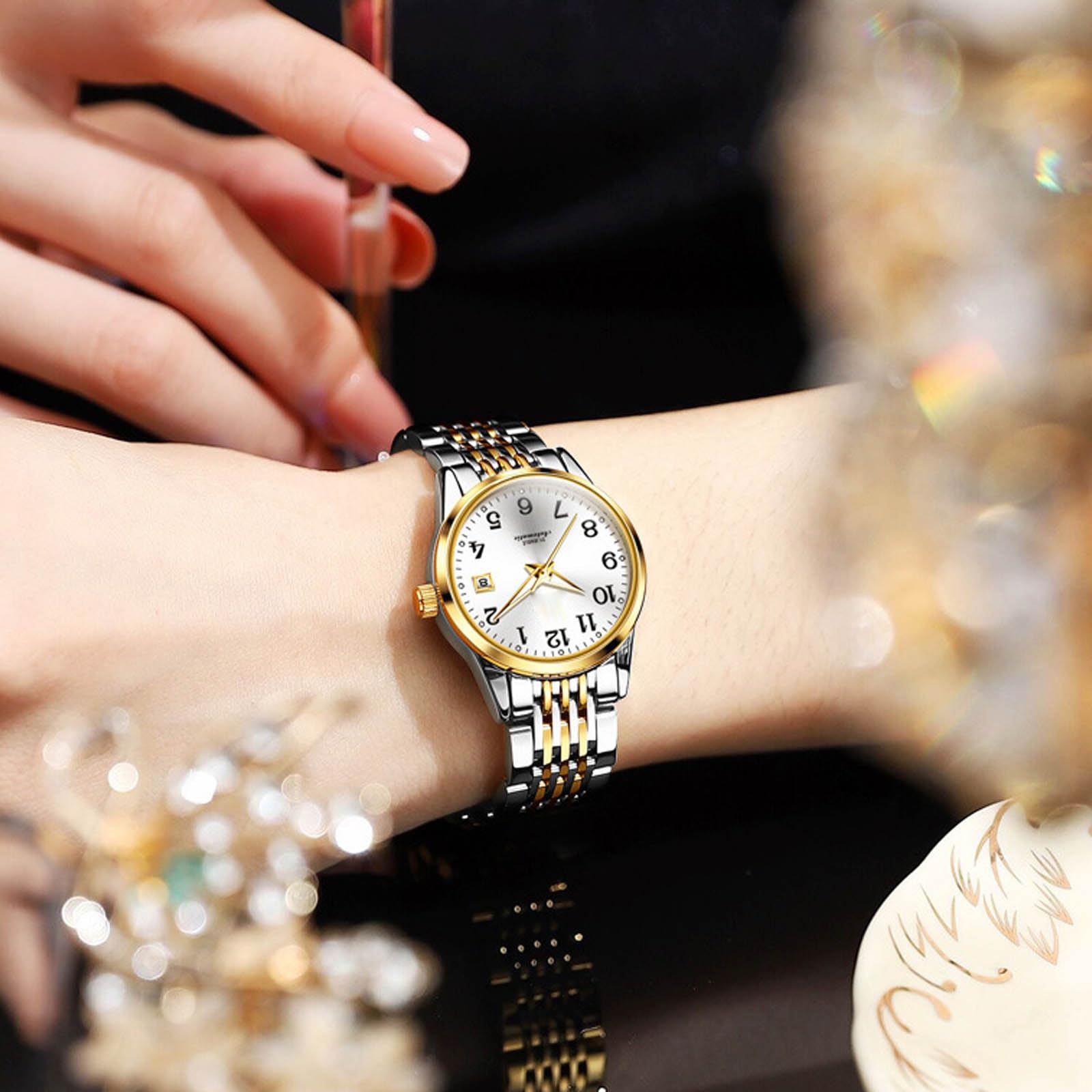 RORIOS Frauen Mechanische Uhr Damen Elegant Armbanduhren Minimalistisch Automatik Uhr Mode Automatik Edelstahl Uhr Leuchtend Analog Damenuhren Weiß A