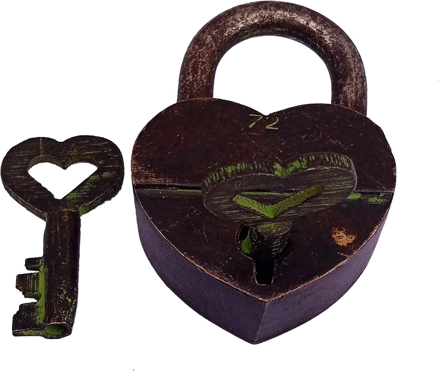 Purpledip Brass Small Padlock: Glowing Heart, Vintage Green (11003A)