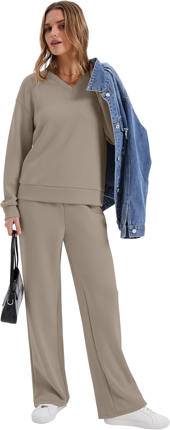 WIHOLL Lounge Sets for Women 2026 V Neck 2 Piece Outfits Airport Wide Leg Pants Matching Set Sweatsuits - Image 3