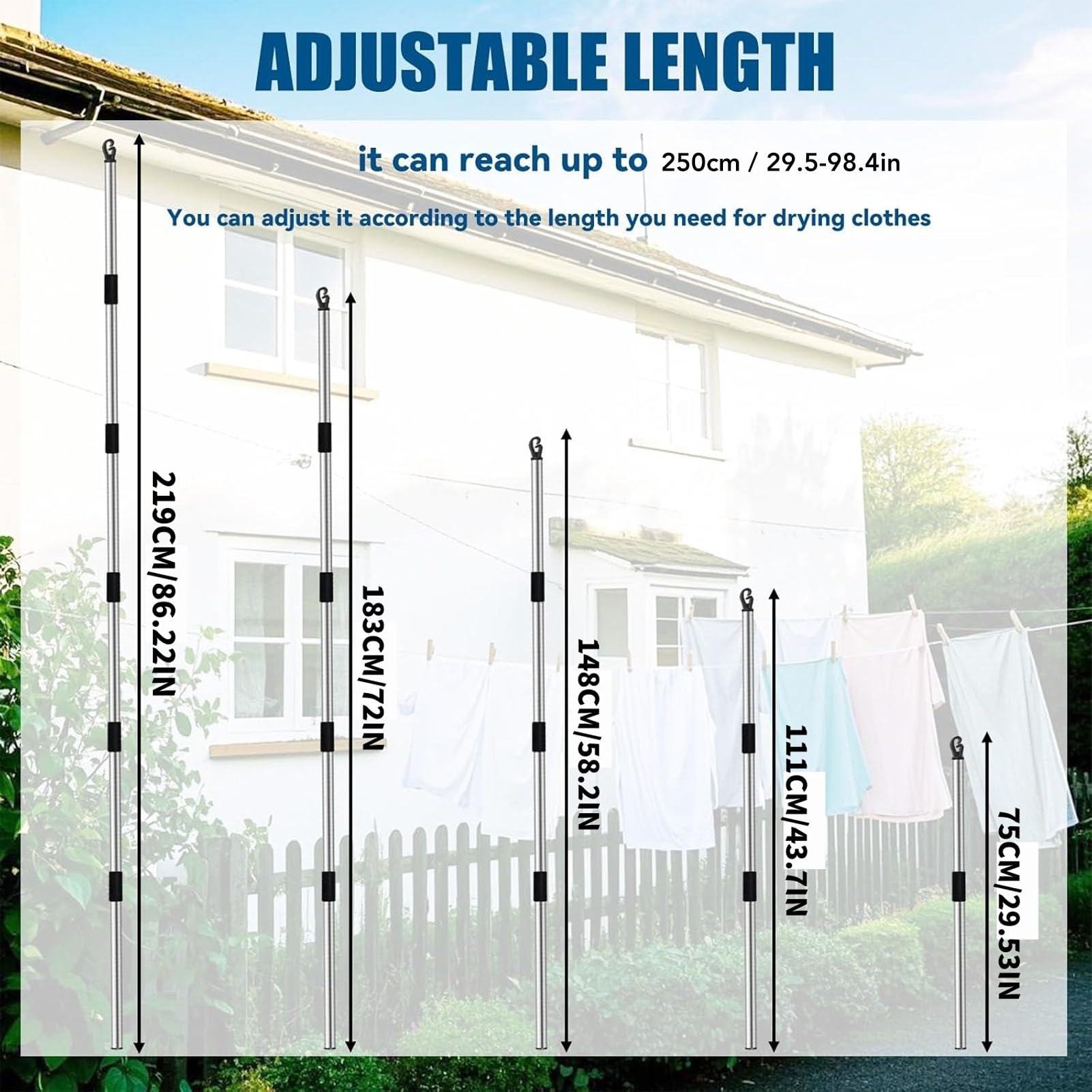 Soporte para Tendedero Telescópico para Exteriores, Poste de Alcance para Percha de Armario Ajustable de Acero Inoxidable de 75 a 250 Cm, Poste de Soporte para Tendedero