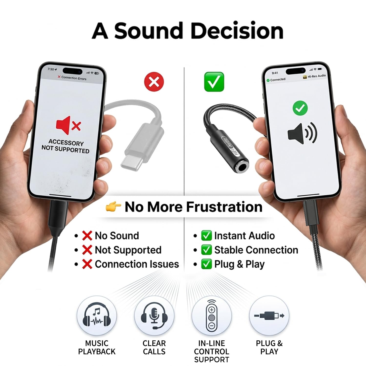 USB C auf 3,5 mm Hi-Res Audio-Adapter, eingebauter DAC, Typ C auf AUX-Kopfhöreranschluss, Sound in Studioqualität, unterstützt Anrufe, kompatibel mit iPhone 15, 16, 17, Samsung Galaxy S25, S24, S23