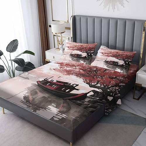 Sábanas japonesas tamaño Queen, sábanas de paisaje, sábanas y fundas de almohada estampadas de 4 piezas, sábana bajera ajustable de microfibra suave
