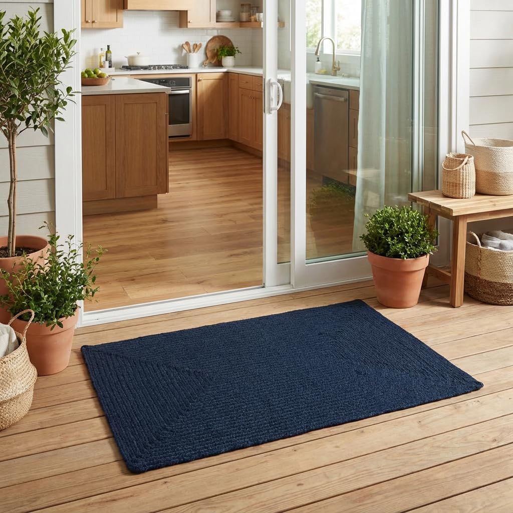 Super Area Rugs Lichfield Braided Kitchen Rug - Door Mat for Front Door - Solid Reversible Indoor/Outdoor Washable Woven Rug Navy 2' x 3' Rectangle