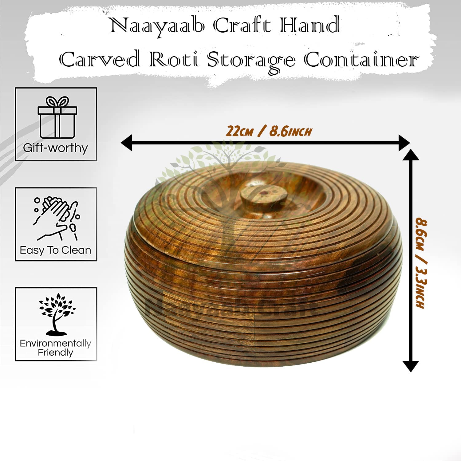 Naayaab Craft Pakka Sheesham Wood Round Chapati Box | Hand Carved Roti Storage Container | Hot Pot, Casserole, Roti Dabba with Lid for Kitchen (D3-9inch) 2
