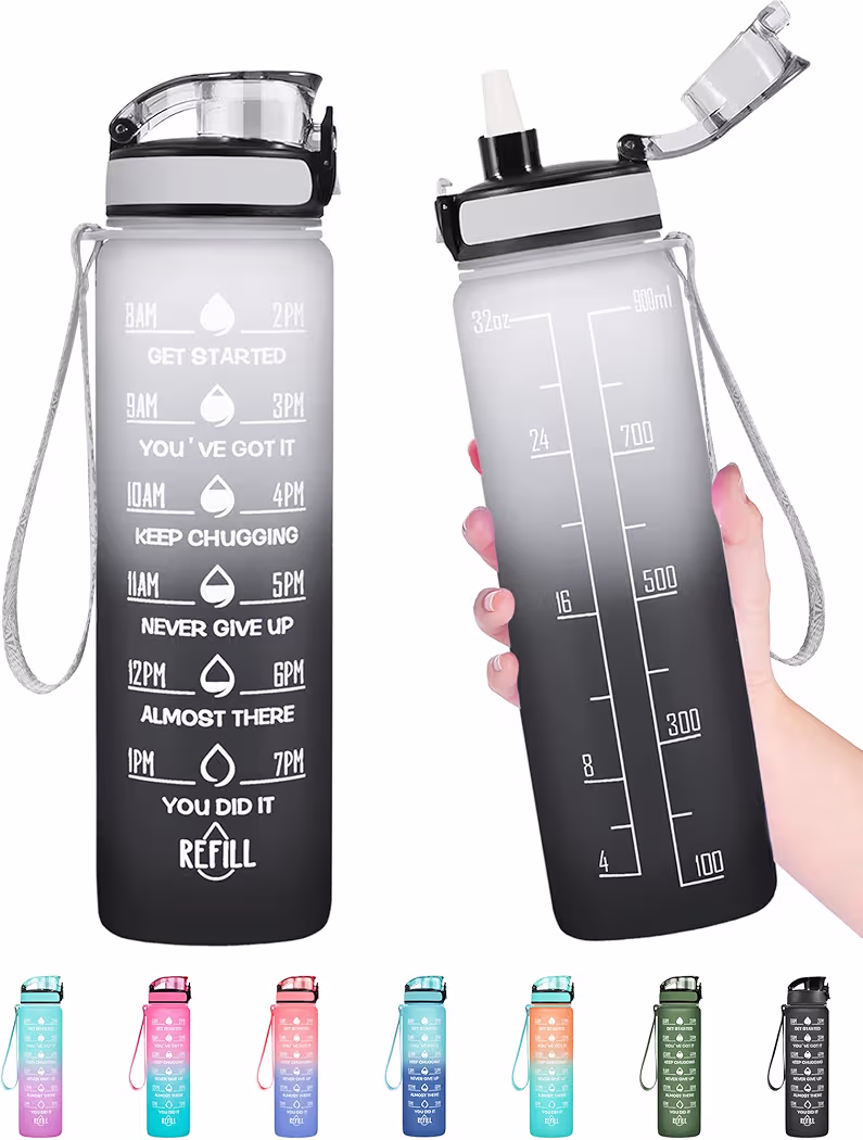 Enerbone 32 oz motivational water bottle with time marker scale
