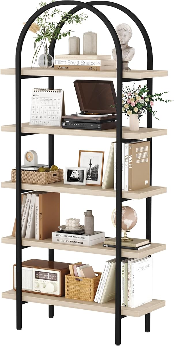 Estantería arqueada de 5 niveles, estantes industriales abiertos para libros de 74 pulgadas de alto para sala de estar, estantería de almacenamiento independiente moderna con marco de metal, oficina, dormitorio, color madera natural