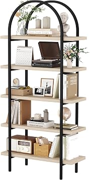 Yusong Bookshelf 5 Tier Arched Bookcase, 74" Tall Industrial Open Book Shelves for Living Room, Modern Freestanding Display Shelving Storage Rack with Metal Frame, Office, Bedroom, Natural Wood Color
