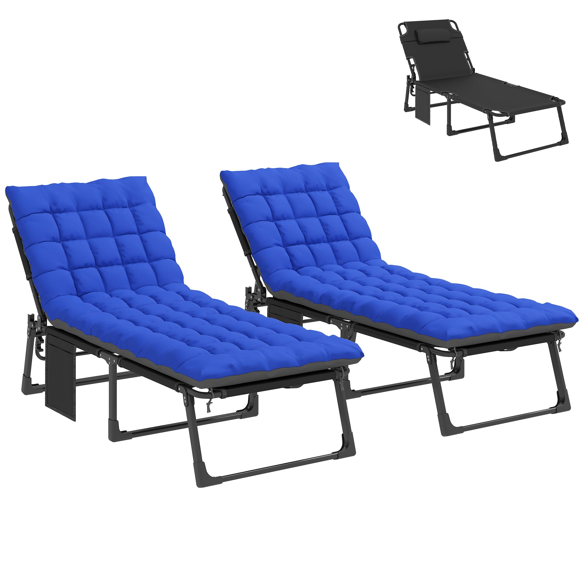Outsunny Set de 2 Tumbonas Jardín Exterior Plegables Cojines Azul | Respaldo Reclinable 5 Posiciones, Asiento Extra Ancho de Textilene, Bolsillo Lateral, Reposacabezas, para Playa