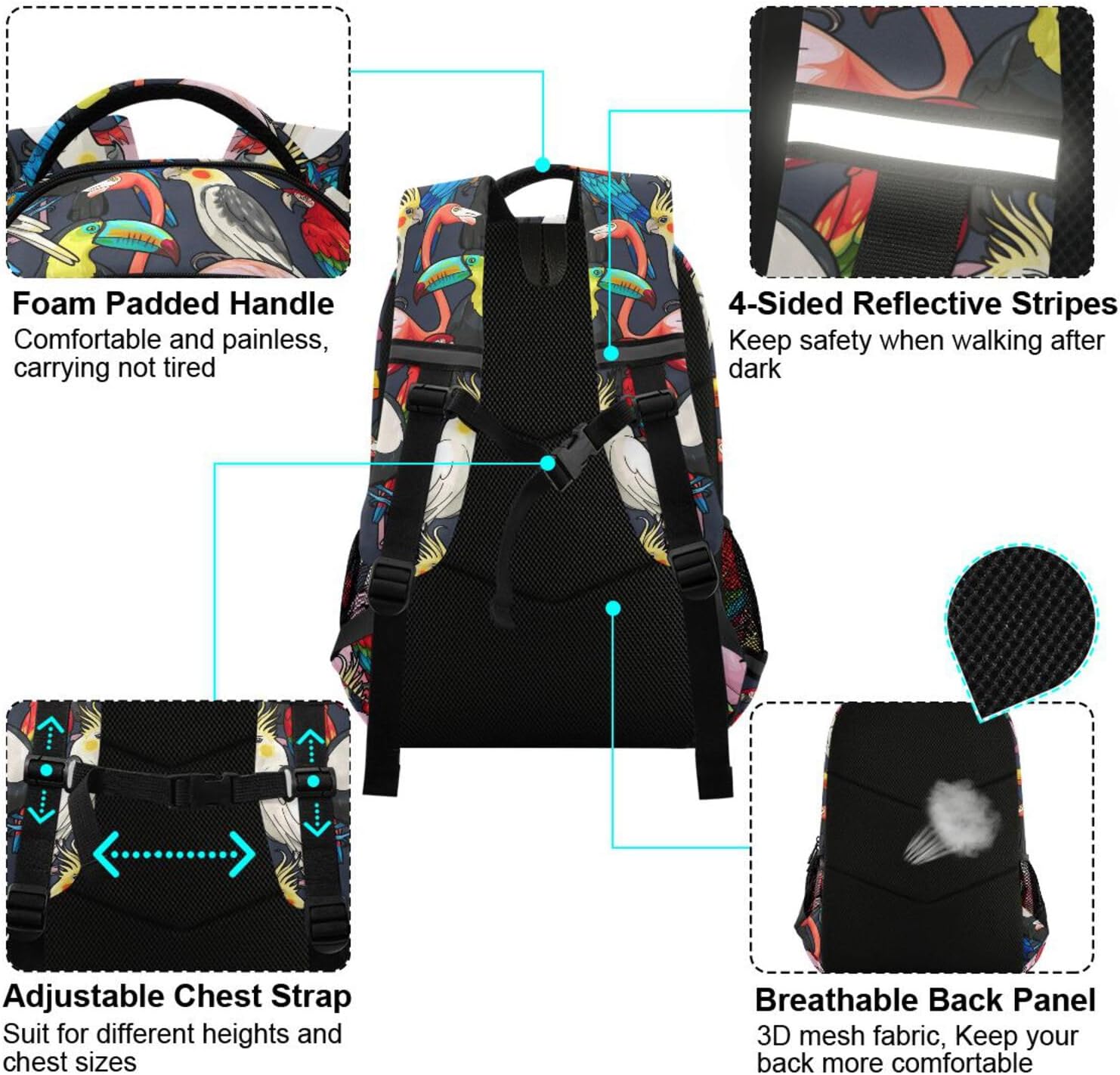 Kids Backpack for Boys Girls Bookbags Colorful Tropical Parrot Birds School Backpack Elementary Bags Travel Daypack Lightweight Waterproof with Reflective Strip