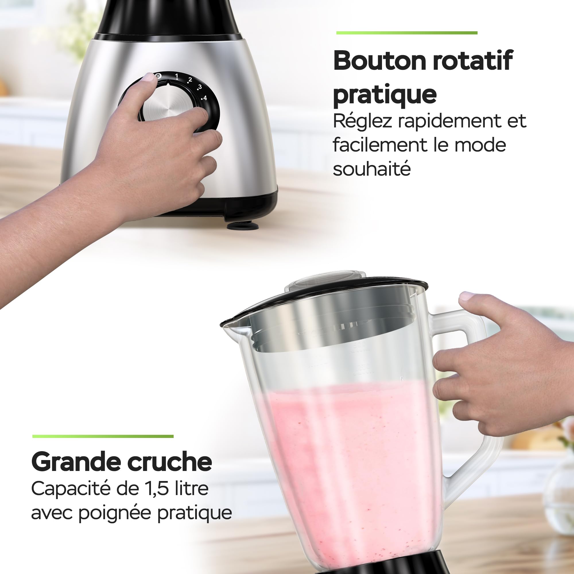 TurboTronic Mixeur 1200W, Blender avec bol en verre 1,5L, Fonction glace pilée – Sans BPA, Acier inoxydable – Smoothies, milkshakes et sauces