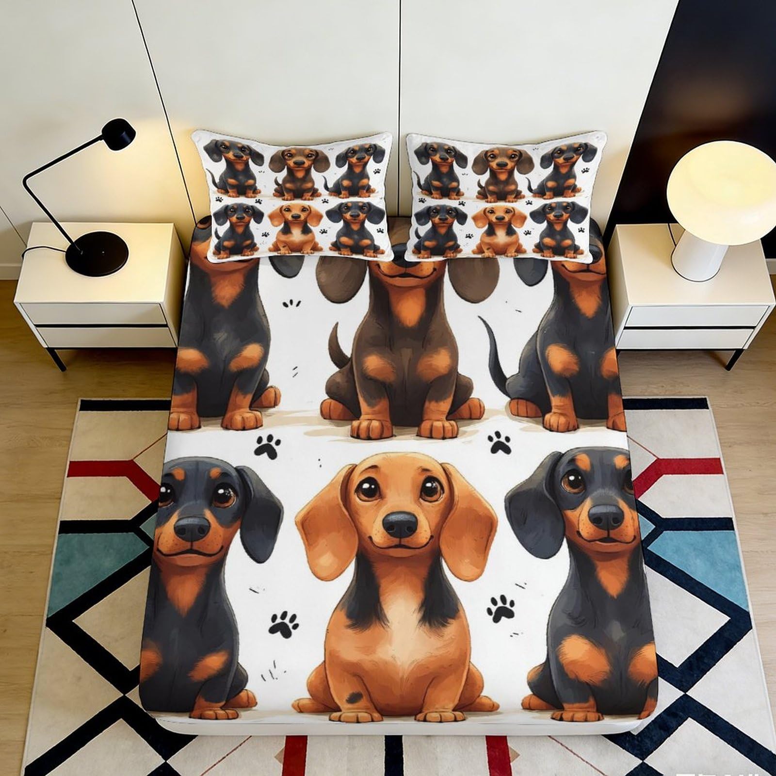 3D Printed Cartoon Dachshund Fitted Sheet Microfiber Anti-Slip Dog Paw Bed Cover for Bedroom Guest Room Mattress Decor 120x200x25cm