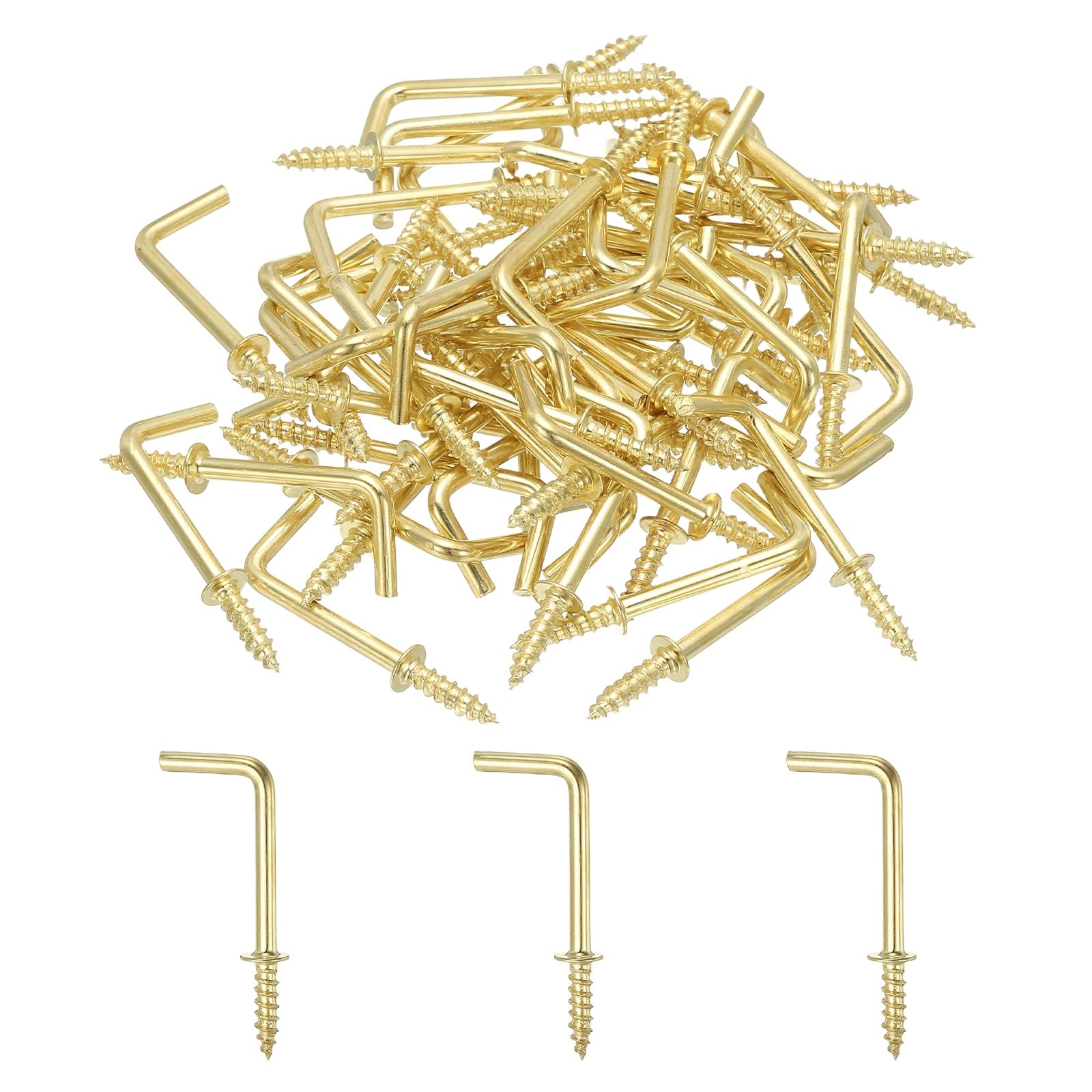 YELARXI L-Shape Screw Hooks Brass Plated Steel 7 Shape Right Angle Medal Hooks
