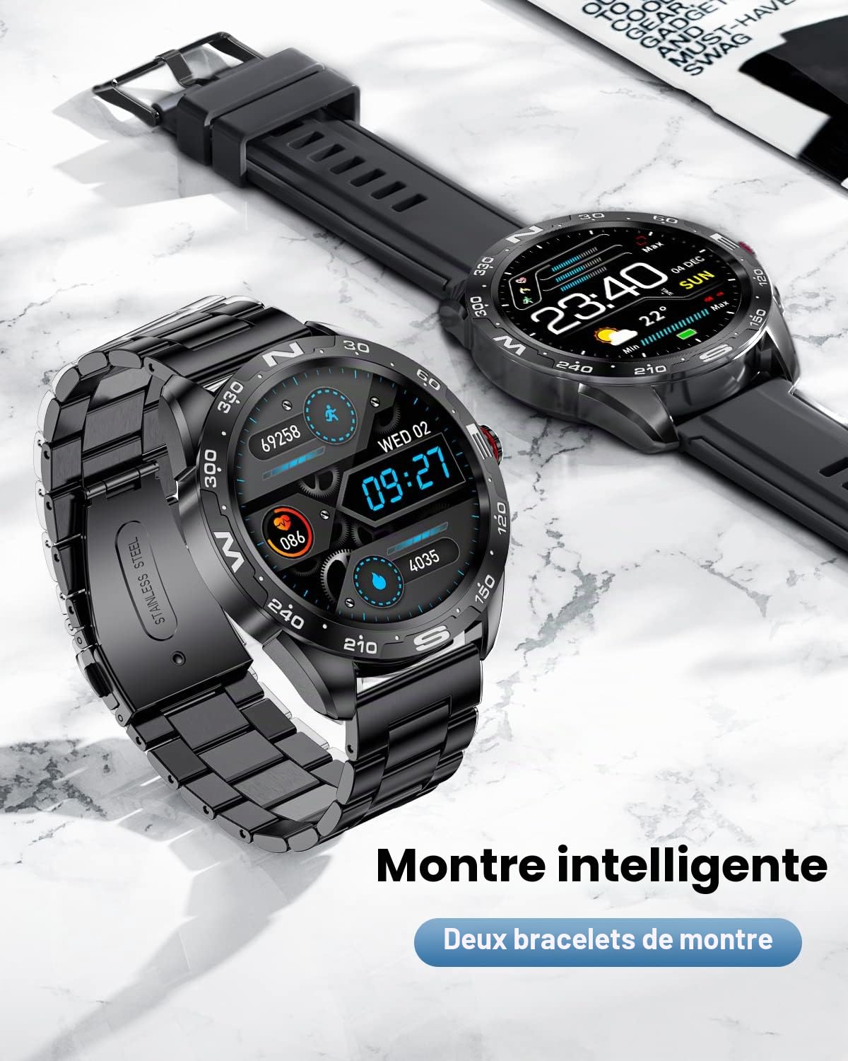 LIGE Montre Connectée Homme avec Appel Bluetooth/Mot de Passe de Protection, Montre Connecté 20 Modes Sportifs/Fréquence Cardiaque, Smartwatch IP67 Étanche pour Android iOS, 2 Bracelets, Noire
