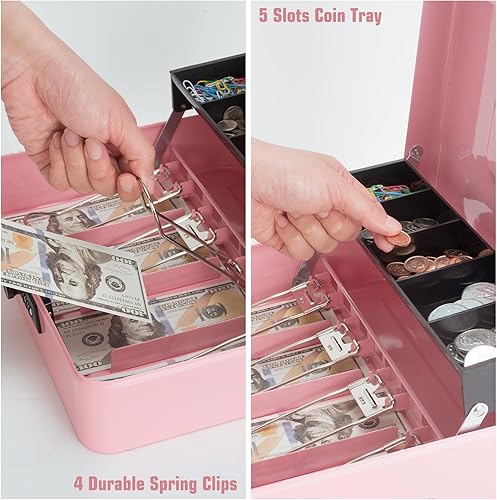 Miniatura 12 de Caja de efectivo con bandeja de dinero y cerradura de llave, caja de dinero grande de metal segura para efectivo, organizador de ahorro de dinero