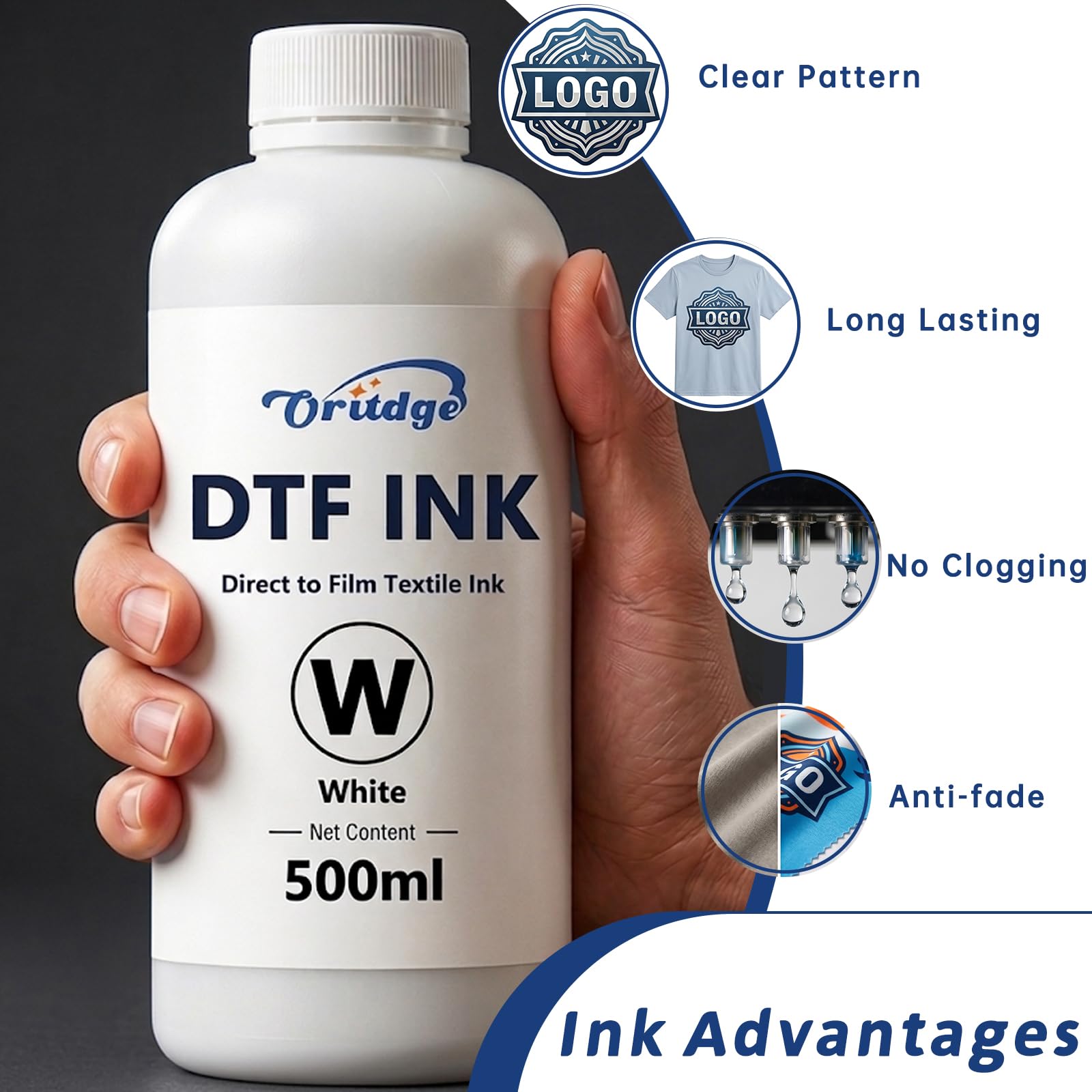DTF Ink Blanc 500-ml, DTF Encre White pour Epson DTF Drucker DX5 DX7 L805 R1390 R2400 P400 XP600 I3200 4720 TX800 P800 ET-8550 XP-15000 L1800(1x Blanc)