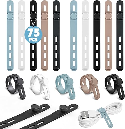 Bridas de silicona (paquete de 75, 5 colores)  Organizadores de cables reutilizables, envolturas para cables y cables de carga  Hogar, oficina,