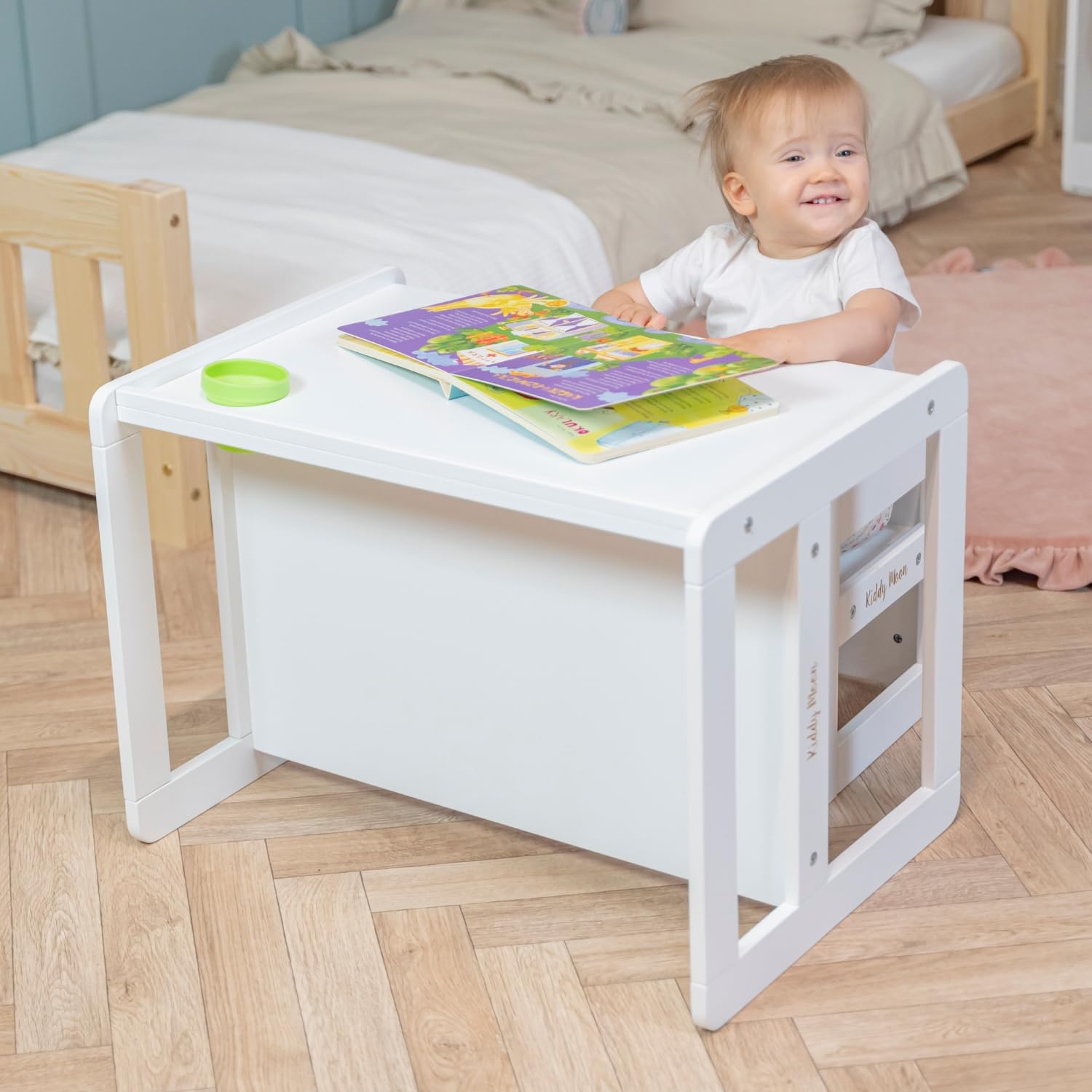 KiddyMoon Tavolo Per Bambini 2 In 1 Set Con Sedia Bordi Arrotondati Facile Da Pulire, Bianco