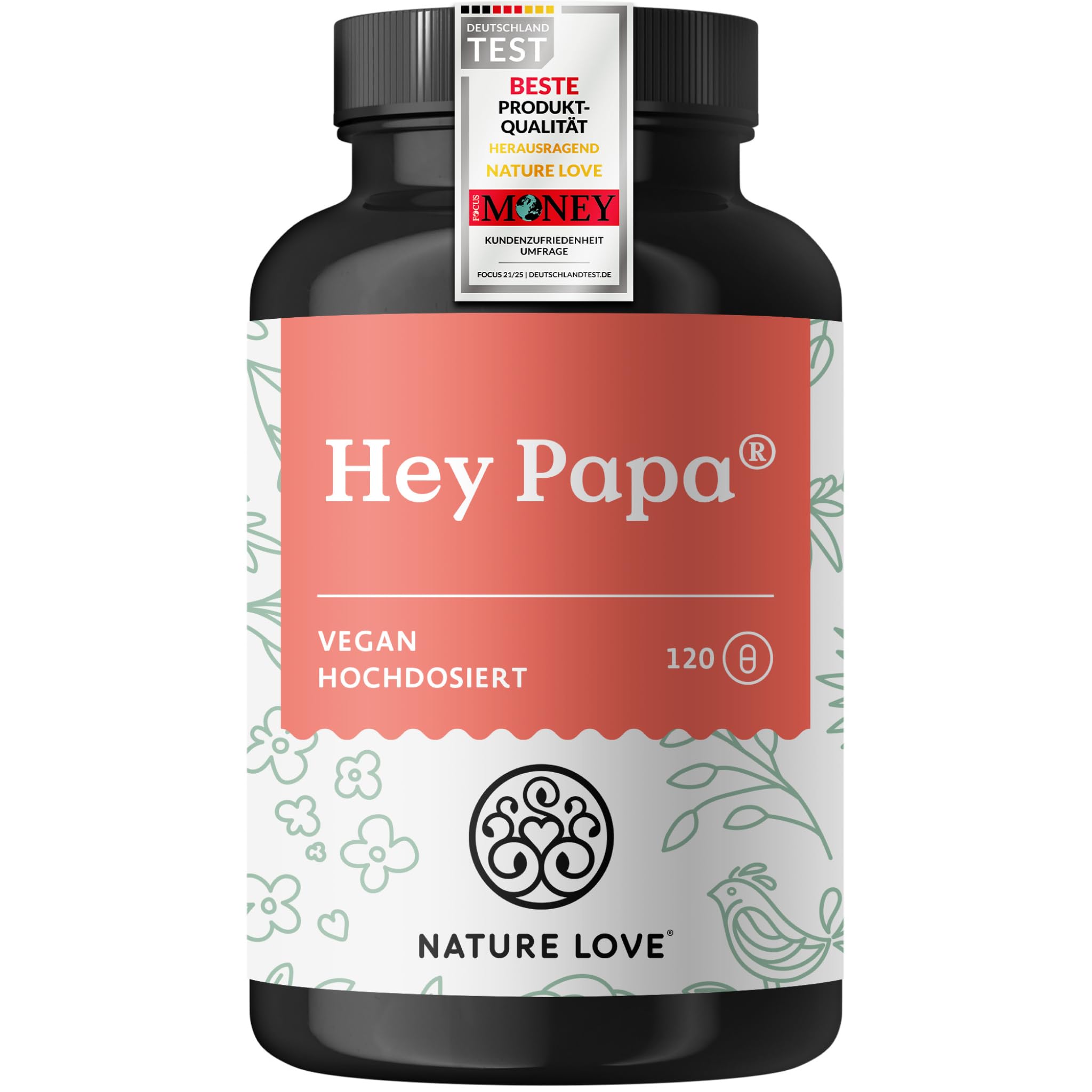 Nature Love Hey Papa - 120 Kapseln - 12 Inhaltsstoffe: Folsäure, Maca, Selen, Zink, L-Arginin, L-Carnitin, Q10, Vitamin C, B6, B12, D3 und E - vegan und laborgeprüft