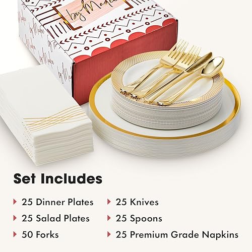 Miniatura 7 de By Madee Heavy Weight - Juego de platos y utensilios de plástico blanco y dorado de 175 piezas con servilletas similares al lino, elegante juego de