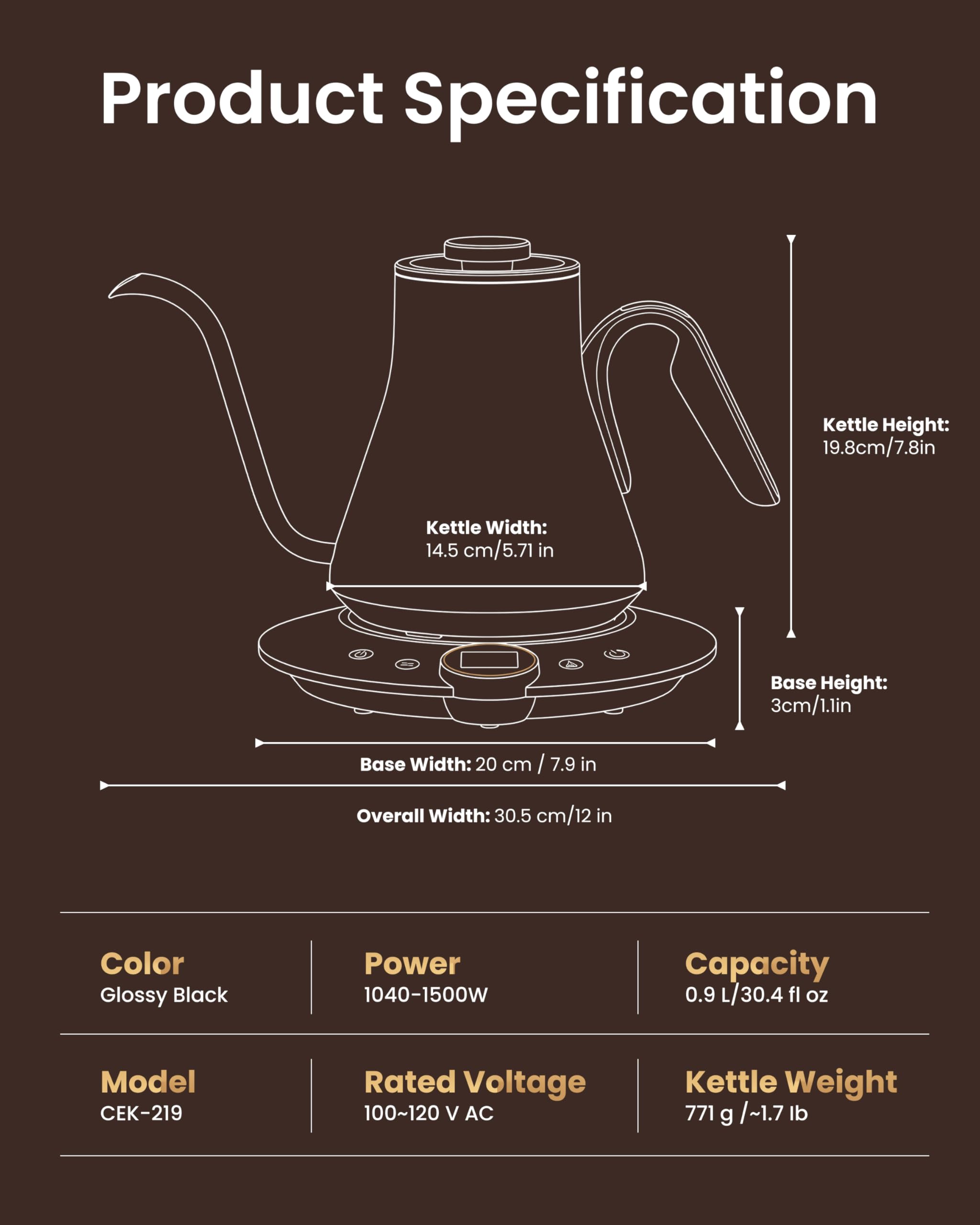 INTASTING Gooseneck Electric Kettle, ±1℉ Temperature Control, Stainless Steel Inner, Quick Heating, for Pour Over Coffee, Brew Tea, Boil Hot Water, 1500W/0.9L (Glossy Black)