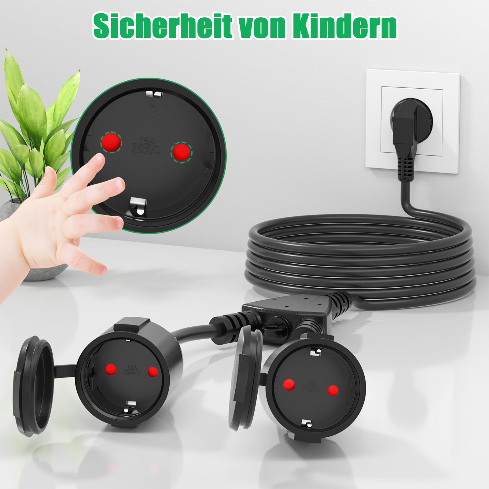 Cable de extensión 7M Schuko con 2 enchufes, Cable de extensión IP44 Impermeable, Cable de Corriente de extensión – para el Exterior, para el jardín, Taller, Sitio de construcción (16A/250V, Negro)