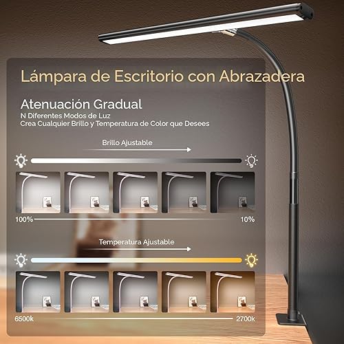 Miniatura 2 de Airlonv Lámpara de escritorio LED para oficina y hogar, luz de escritorio con atenuación continua, múltiples modos de iluminación, cuello de cisne