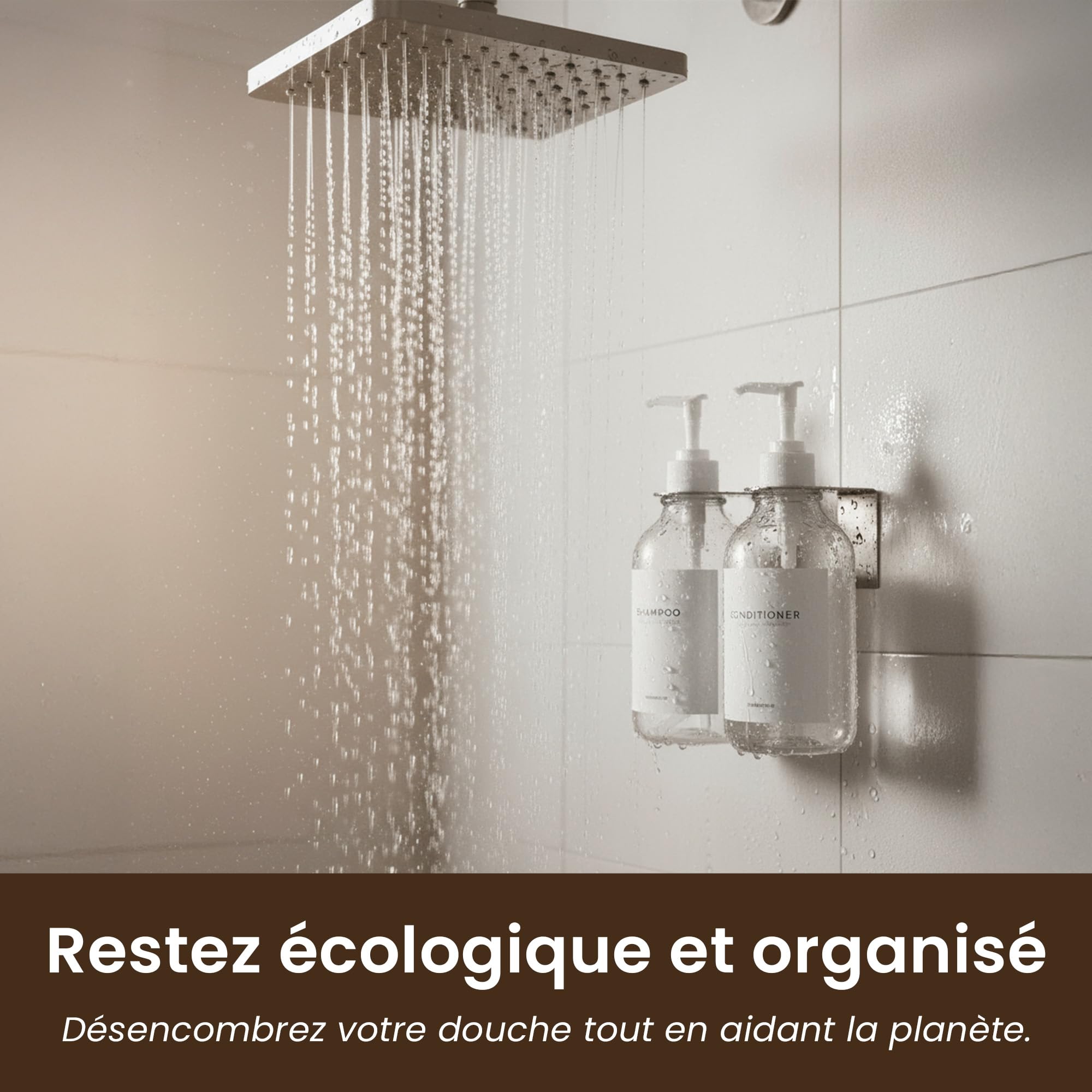 MaisoNovo Distributeur Savon Mural sans Percage Lot De 2-500ml Transparentes Distributeur Shampoing Et Gel Douche avec Pompes Blanche - Fixation Sécurisée