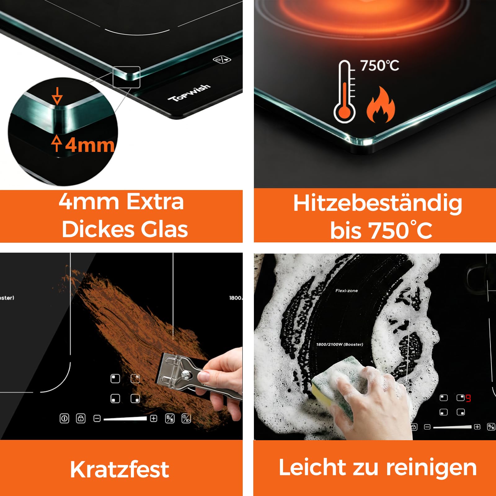 Topwish Induktionskochfeld 4 platten mit Flexzonen, Induktionskochfeld 60cm | Herdplatte 4 Kochfelder mit Boost-Funktion, Timer, Kindersicherung, Überhitzungsschutz und Warmhalten, 7200W
