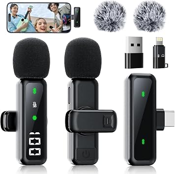 Microphone for iPhone & Android, Wireless Mini Microphone | Battery Display, Clear Voice, Noise Cancelling, Lavalier Mic for TikTok, YouTube & Interviews, Dual Mic