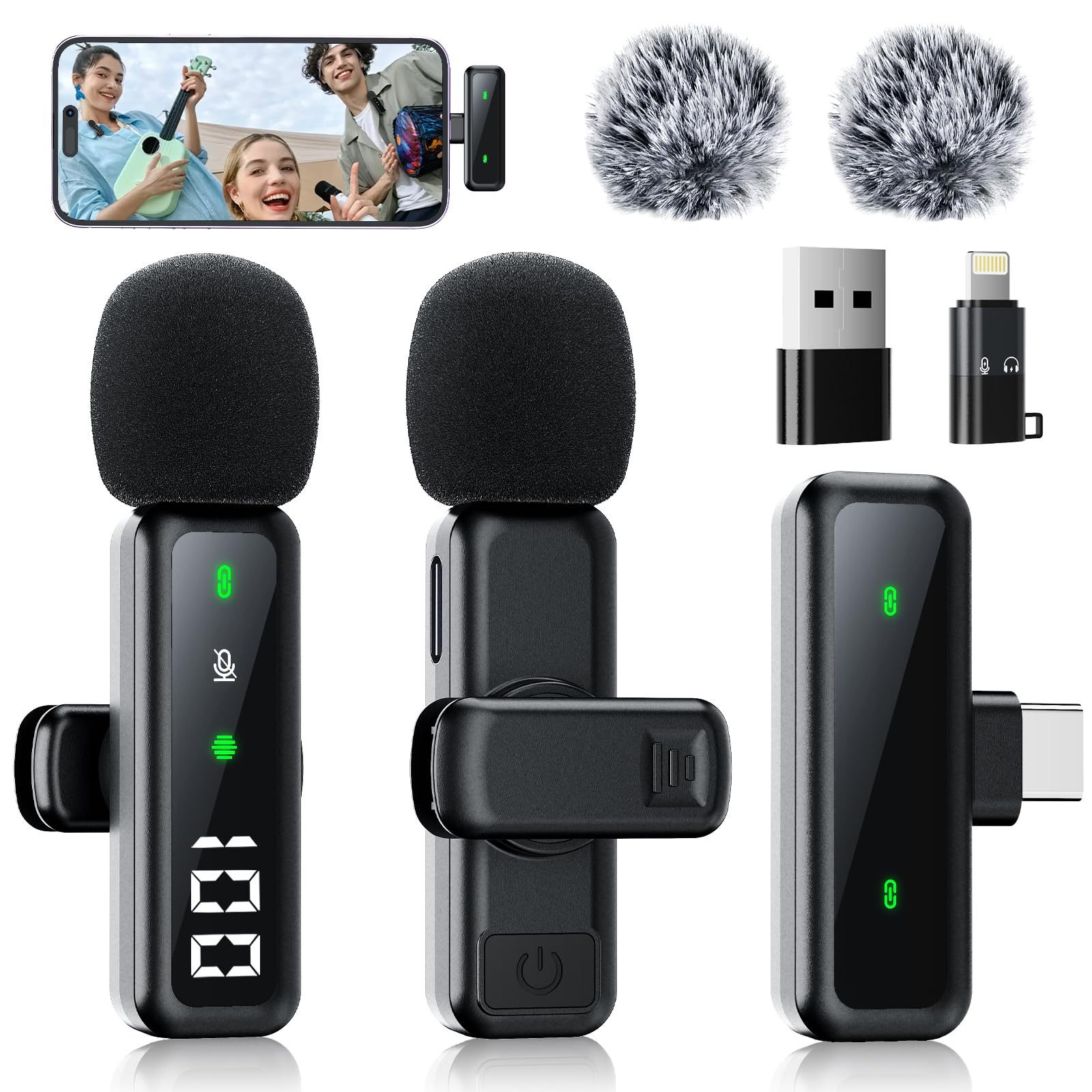 Lot de 2 mini microphones sans fil Bluetooth à clipser pour enregistrement vidéo, suppression du bruit 2 en 1 pour iPad, appareils Android, PC