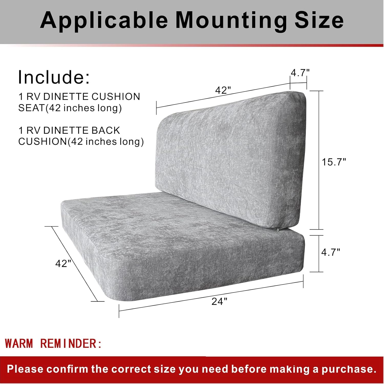 Dulepax RV Dinette Booth Cushions with Memory Foam，Replacement Camper Cushions，Dinette Seat for Camper Trailer，RV Dinette Seat Including 1 Backrest & 1 Bench,RV Sofa,RV Couch,Grey,42inch.