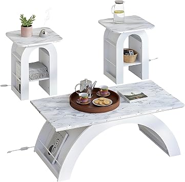 3-Piece Living Room Set,Coffee Table & 2 End Tables,Modern Marble & LED,RGB Lighting, Scratch-Resistant, for Living Room, Dining Room, Office