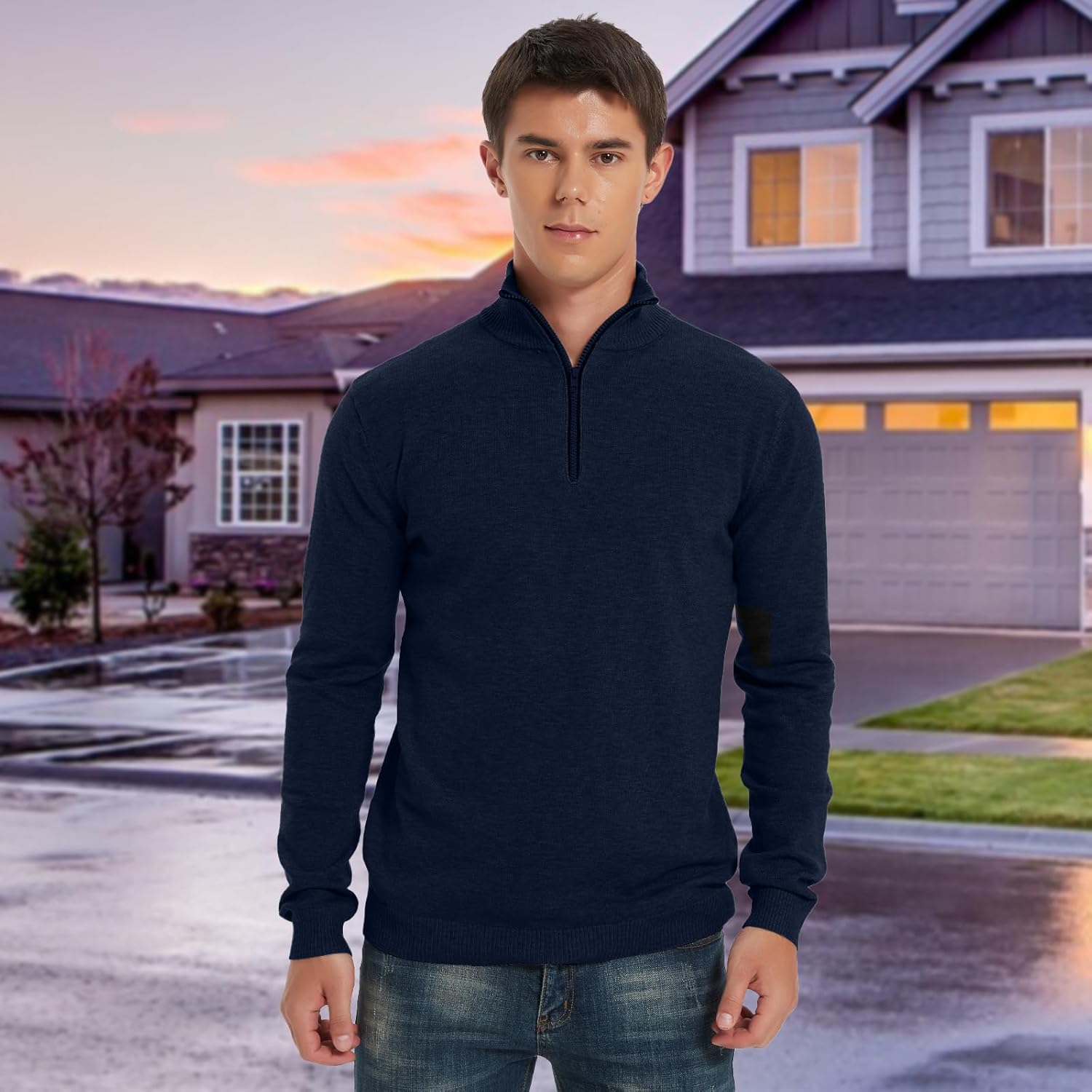 Donason Men's Quarter Zip Sweater, Slim Fit Soft Casual Pullover Lightweight Solid Warm Mock Neck Polo Sweater - Image 6