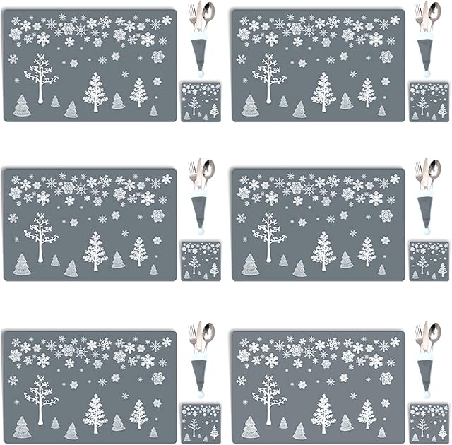 Christmas Table Decoration - 18Pcs Christmas Placemats Coasters Cutlery set, Christmas Placemats Sets, Christmas Table Mats, Home Table Mats, Washable Heat Proof Table Mats