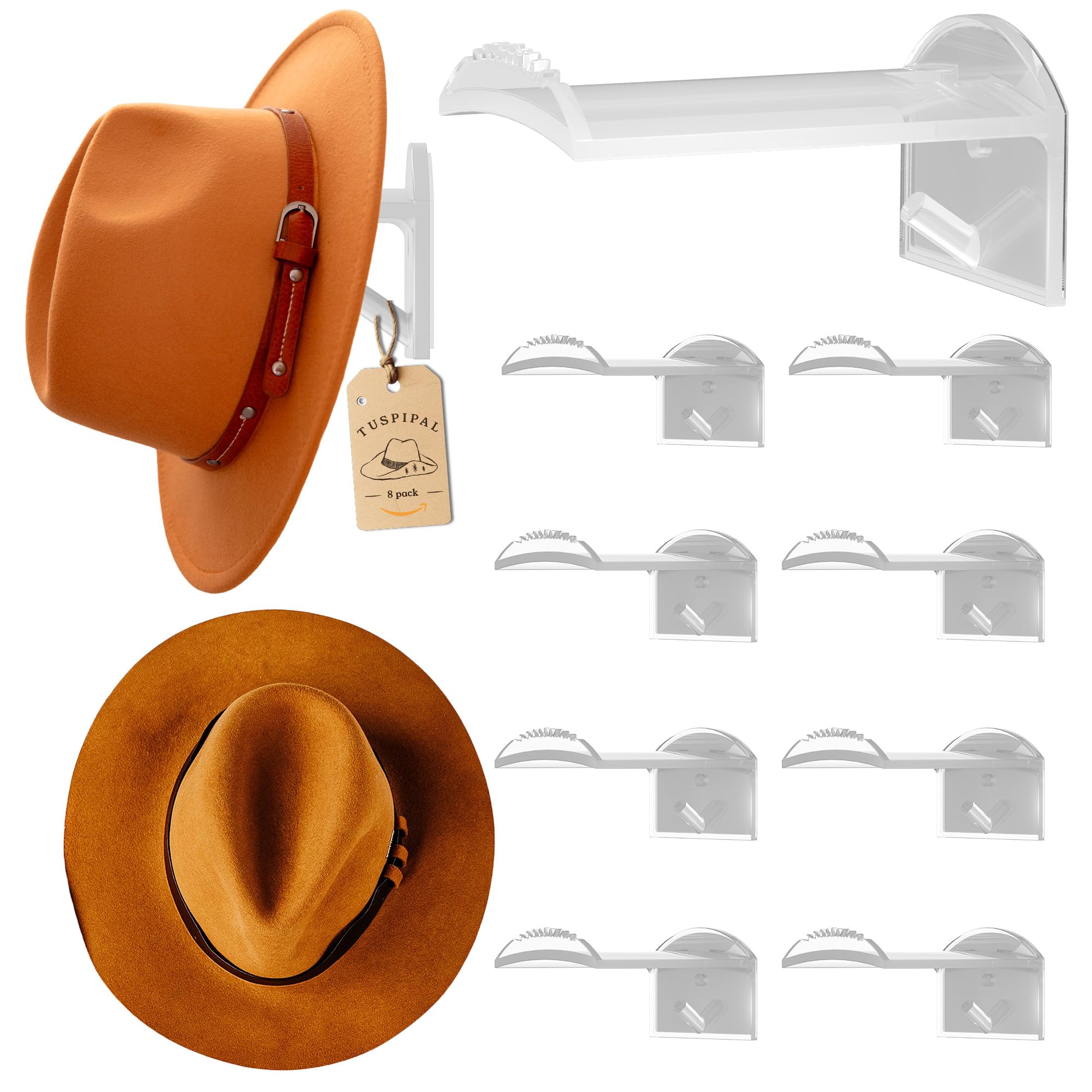 TUSPIPAL 2.9Inch Hat Hooks for Wall - (8 Pack) Cowboy Hat Rack,SuitableSun Hats, Fedora, Wide Brim Hats Strong Hold Hat Hangers for Wall，Western Room Decor- (Clear)