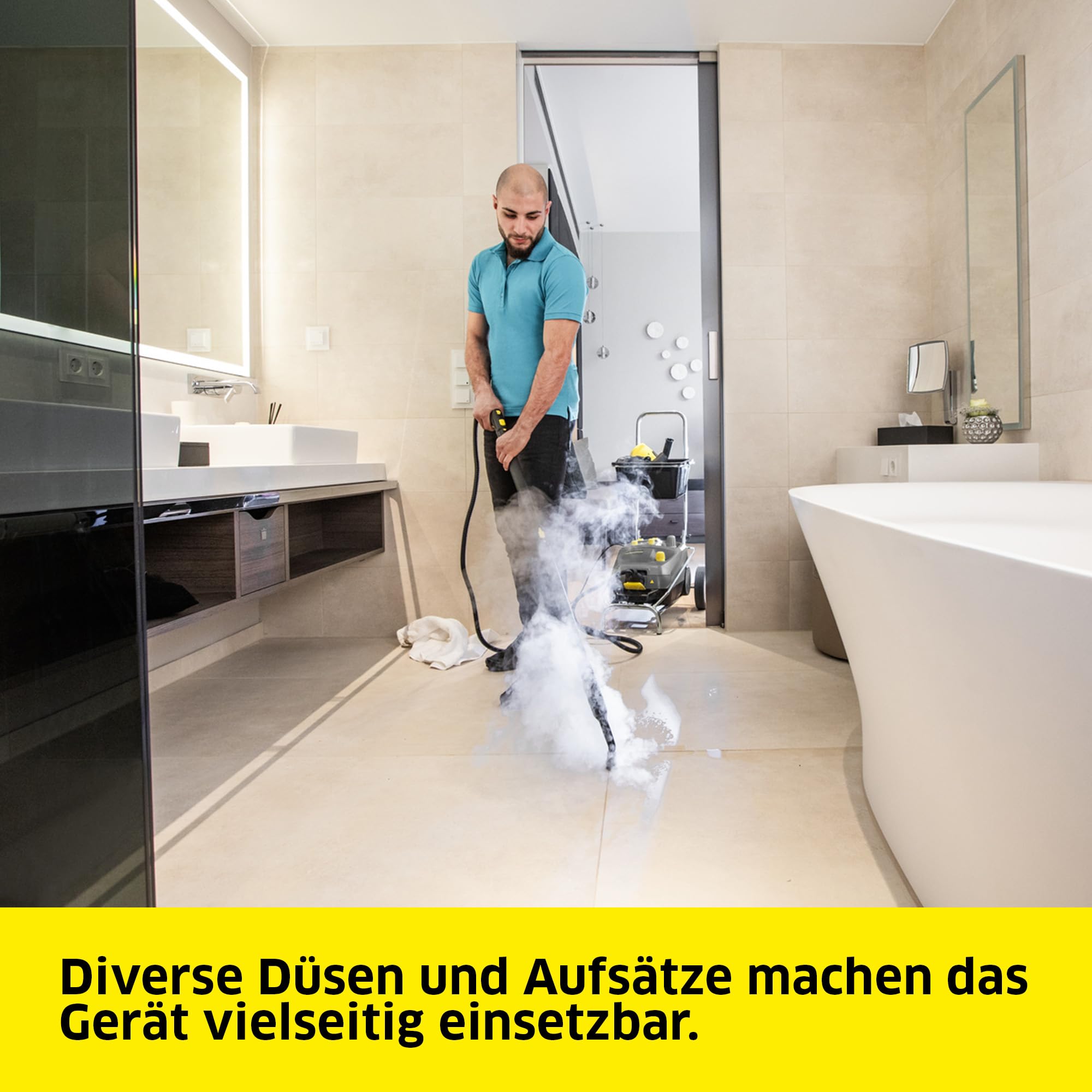 Kärcher Dampfreiniger SG 4/4, Dampfdruck: 4 bar, Tank: 2,4 l Kesselinhalt + 2,0 l Tank, Handdüse mit Bürste, 2 Dampfrohre, 2,0 m Dampfschlauch, 2 Bodendüsen, Frottee-Überzug, Aufsätze für Handdüse