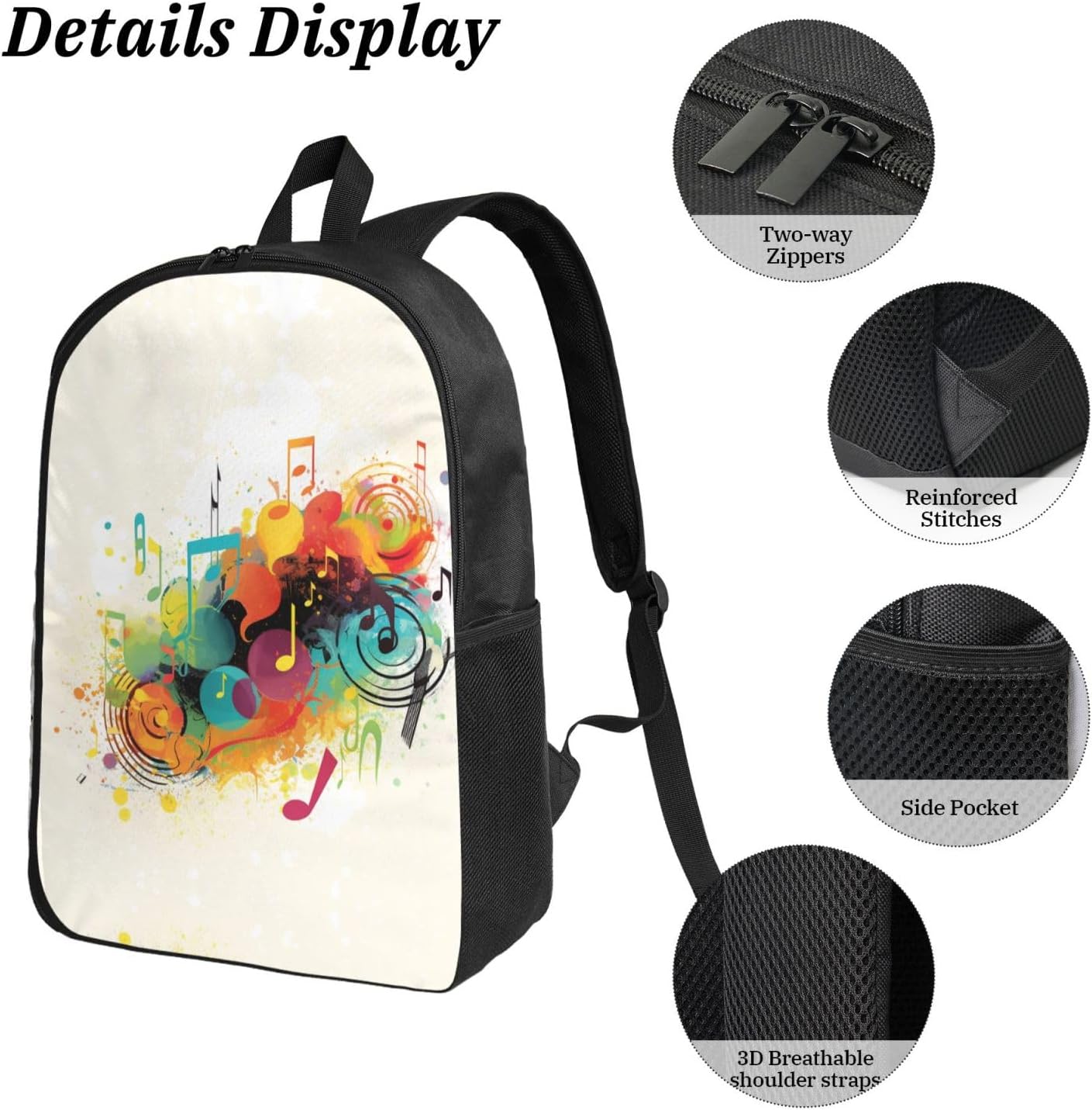 Abstract Music Themed Backpack Set 3 PCS - 17 Inch Laptop Backpack with Lunch Bag, Waterproof Daypack Insulated Lunch Box Large Capacity Coin Pouch Personalized Gift image 5