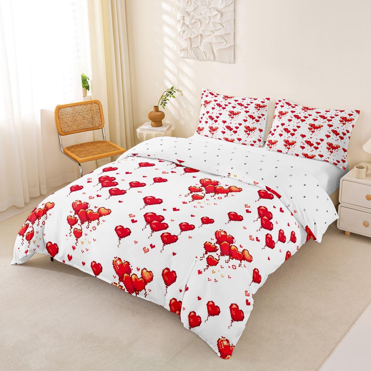 Homewish Pikselowa miłość serce król zestawy pościeli dziewczyna uroczy czerwony balon poszewka na kołdrę retro romantyczne serca poszewka na kołdrę estetyczna grafika zestaw łóżka