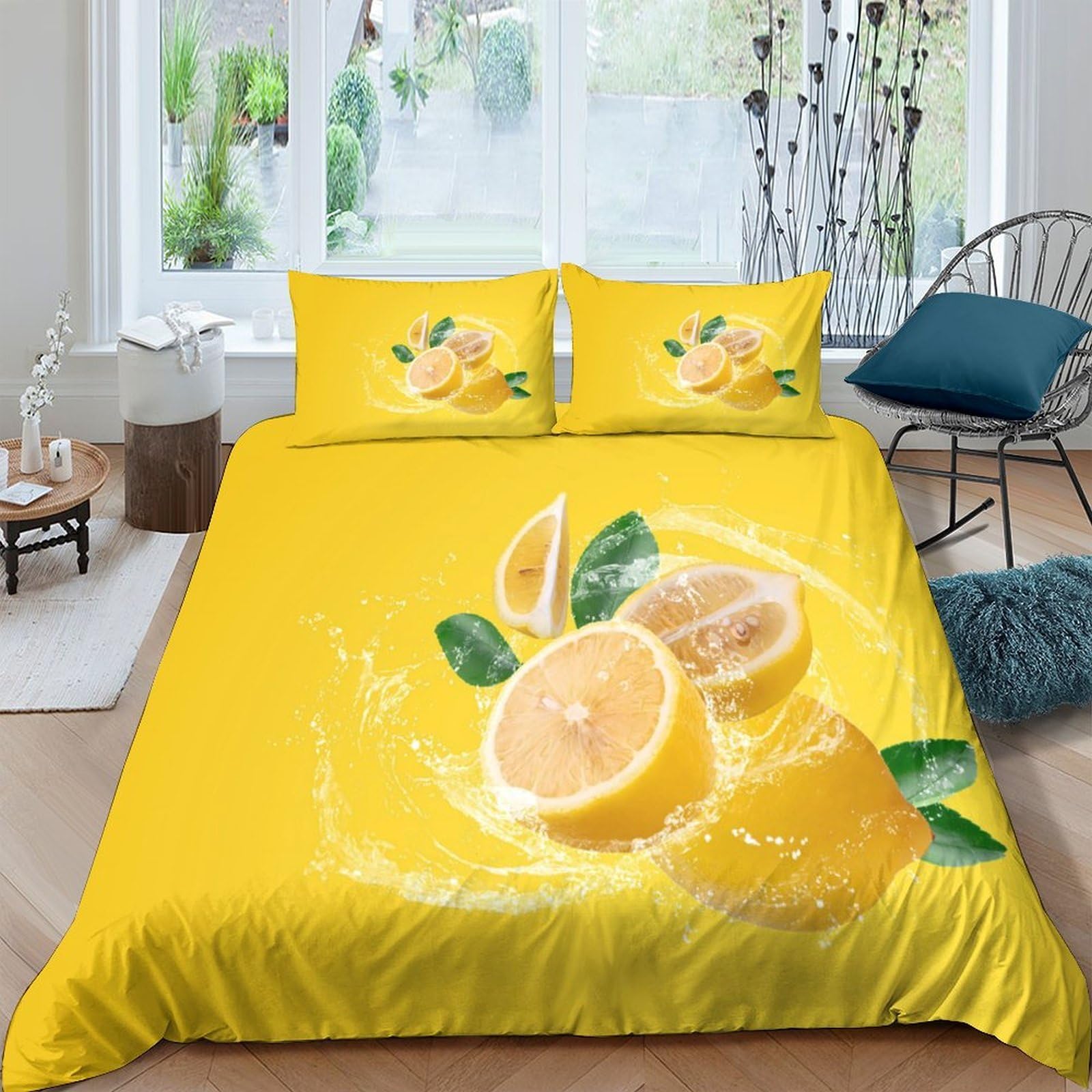 GPLZQXKJNH 3D Printed Lemon Splash Duvet Cover Microfiber Soft Yellow Fruit Bedding Set with 2 Pillowcases for Bedroom Decor Single（135x200cm）