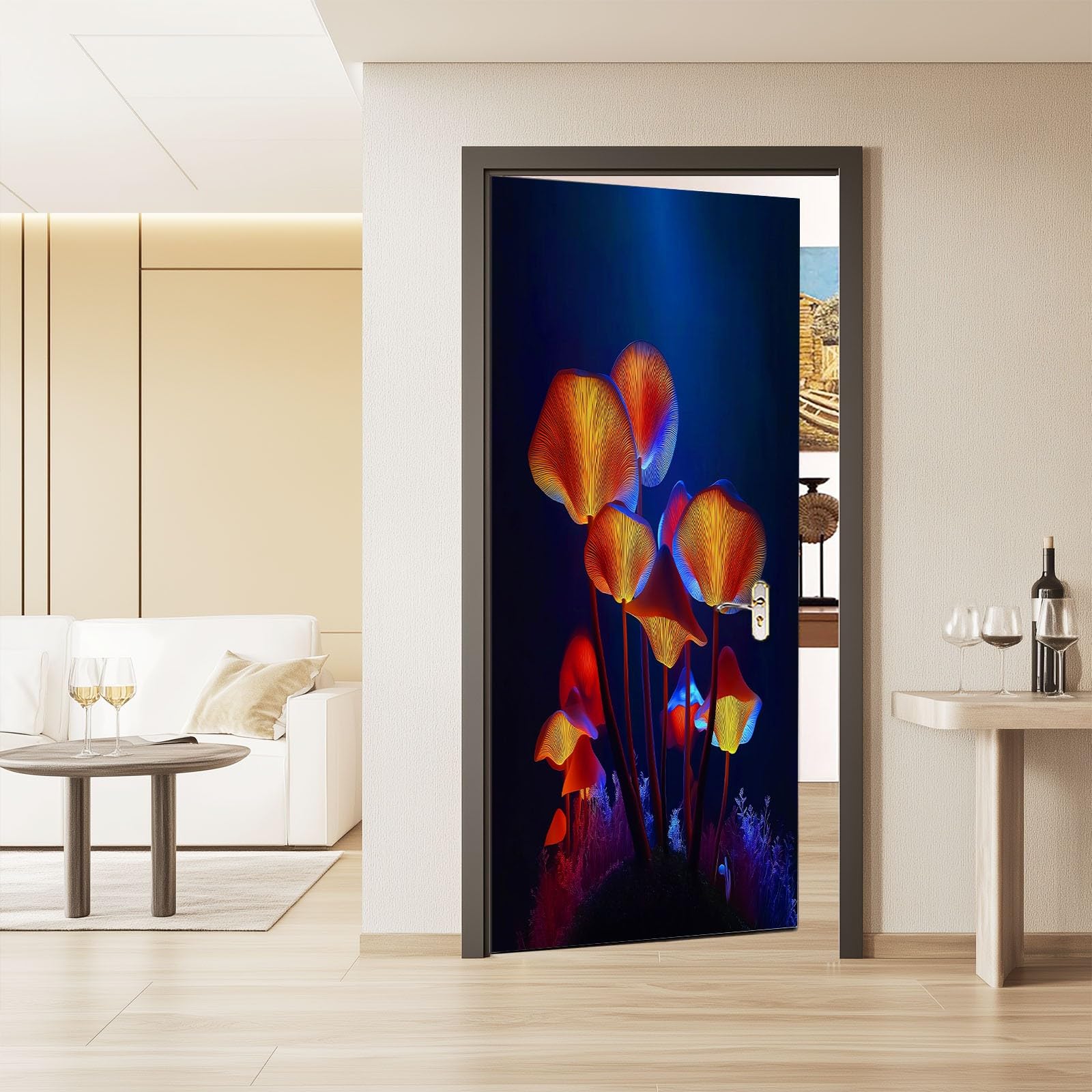 3D Dark Fantasy Naklejka na drzwi wewnętrzne, wodoodporna samoprzylepna dekoracja ścienna PCW, neonowe grzyby, plakat naklejki do sypialni, salonu, 95 x 215 cm (szer. x wys.)