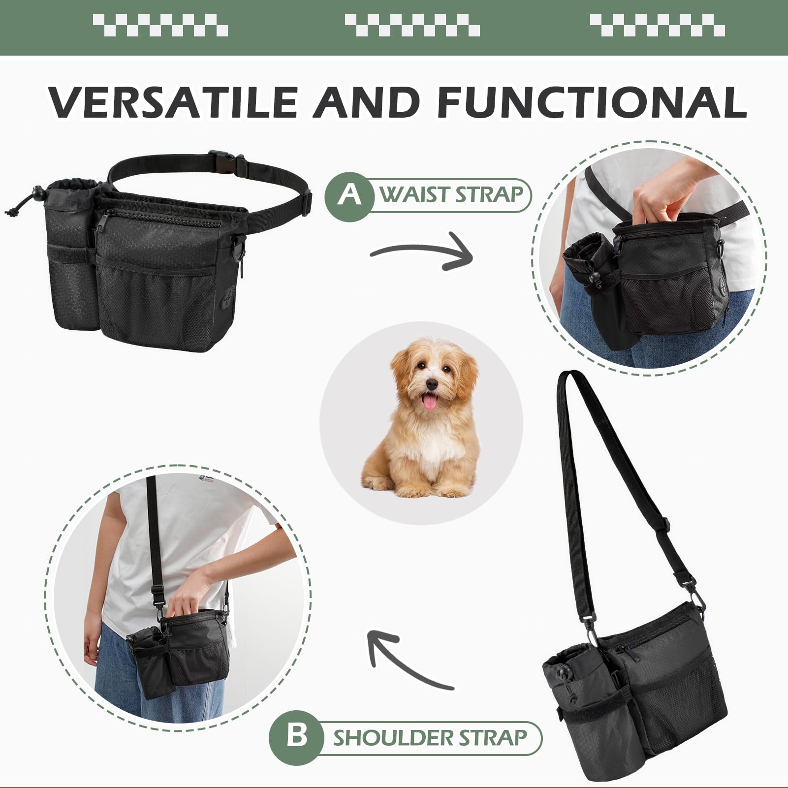 Dog Treat Training Pouch with Magnetic Zipper Closure - Built-in Poop Bag Dispenser, Side Pocket for Dog Water Bottle, 3 Ways to Wear,Carry Kibble & Pet Toys (Black) - image 4