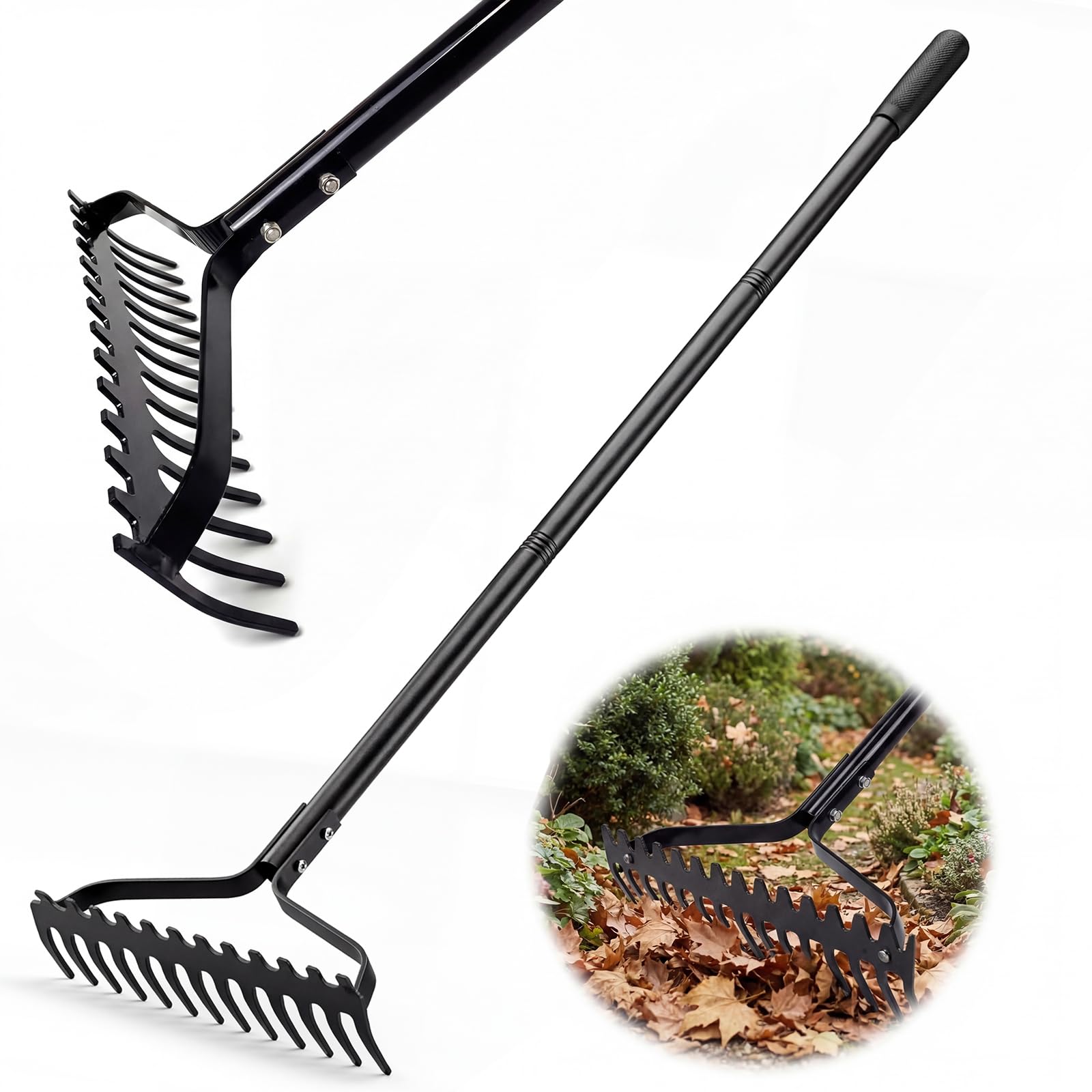 Fuuwuu 14 Tines Garden Rake Heavy Duty, 65Mn Steel Alloy, 5" Long Handle, Concrete Rake for Soil Loosening and Leaves Gathering
