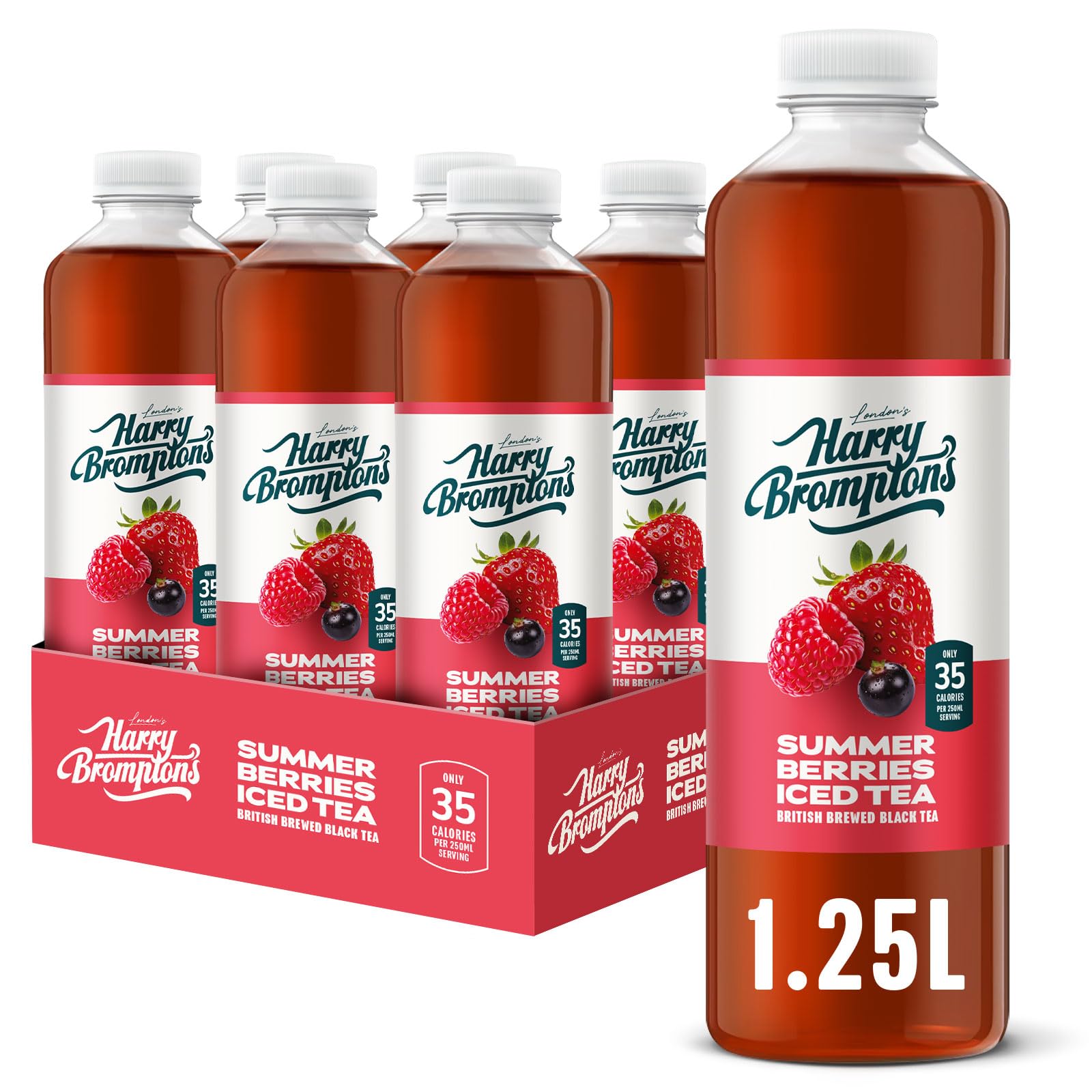 Harry Brompton’s Summer Berries Iced Tea (6 x 1.25L Bottles) – Refreshing – British Brewed – Made with Black Tea & Real Berry Juice – Low Calorie, No Artificial Sweeteners