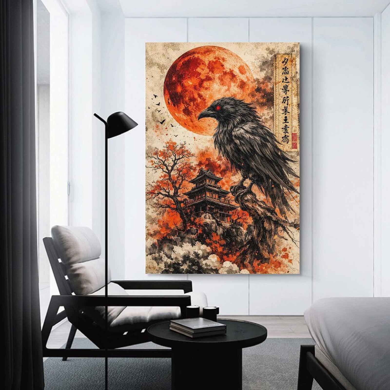 Junmoney Dark Raven Over Japanese Castle Home Decor Wall Art, 24x36inch(60x90cm), for Home, Office, Studio Or Guest Room, An Adaptable Decor Piece for Home Use