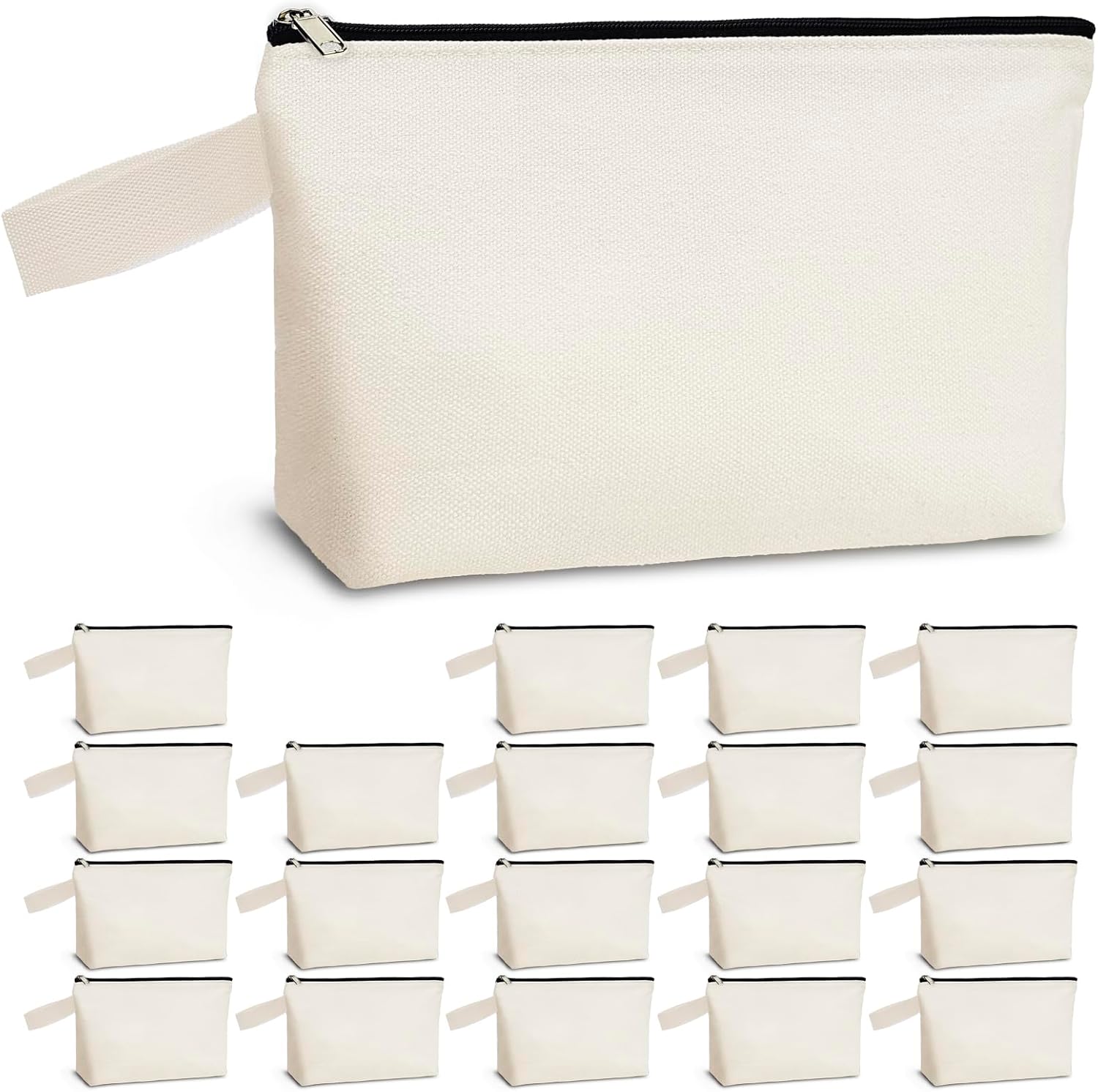 Koolmox 20PCS 12Oz Cotton Canvas Pouches with Zipper, Bottom for Makeup Cosmetics Pen Tools Storage & Organization, for DlY& Customization, Gifts & Events (Black Zipper Beige Bag, S, 9x4.7x1.5'')