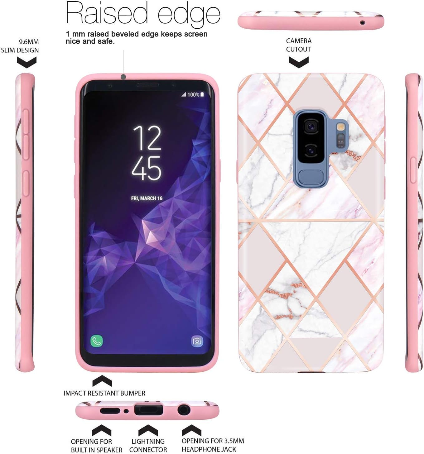 JAHOLAN Galaxy S9 Plus Case Rose Gold Geometric Pink Marble Design Slim Flexible Bumper Glossy TPU Soft Rubber Silicone Cover Phone Case for Samsung Galaxy S9 Plus / S9+