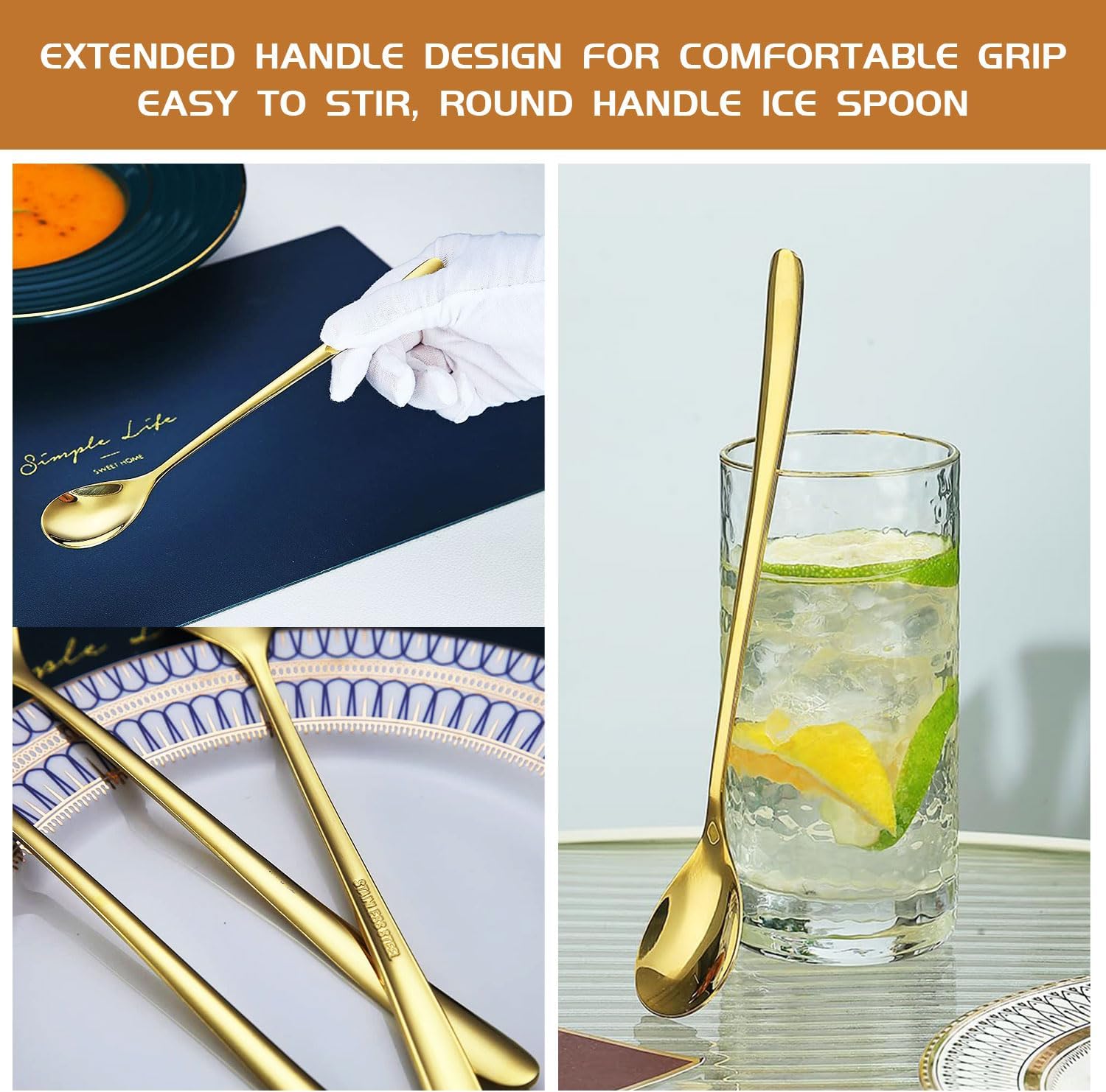 Long Handle Iced Tea Spoons, 9.5-Inch Stainless Steel Dessert and Coffee Mixing Spoons for Milkshakes, Ice Cream, Cocktails, Cold Drinks Set of 6 (Gold)